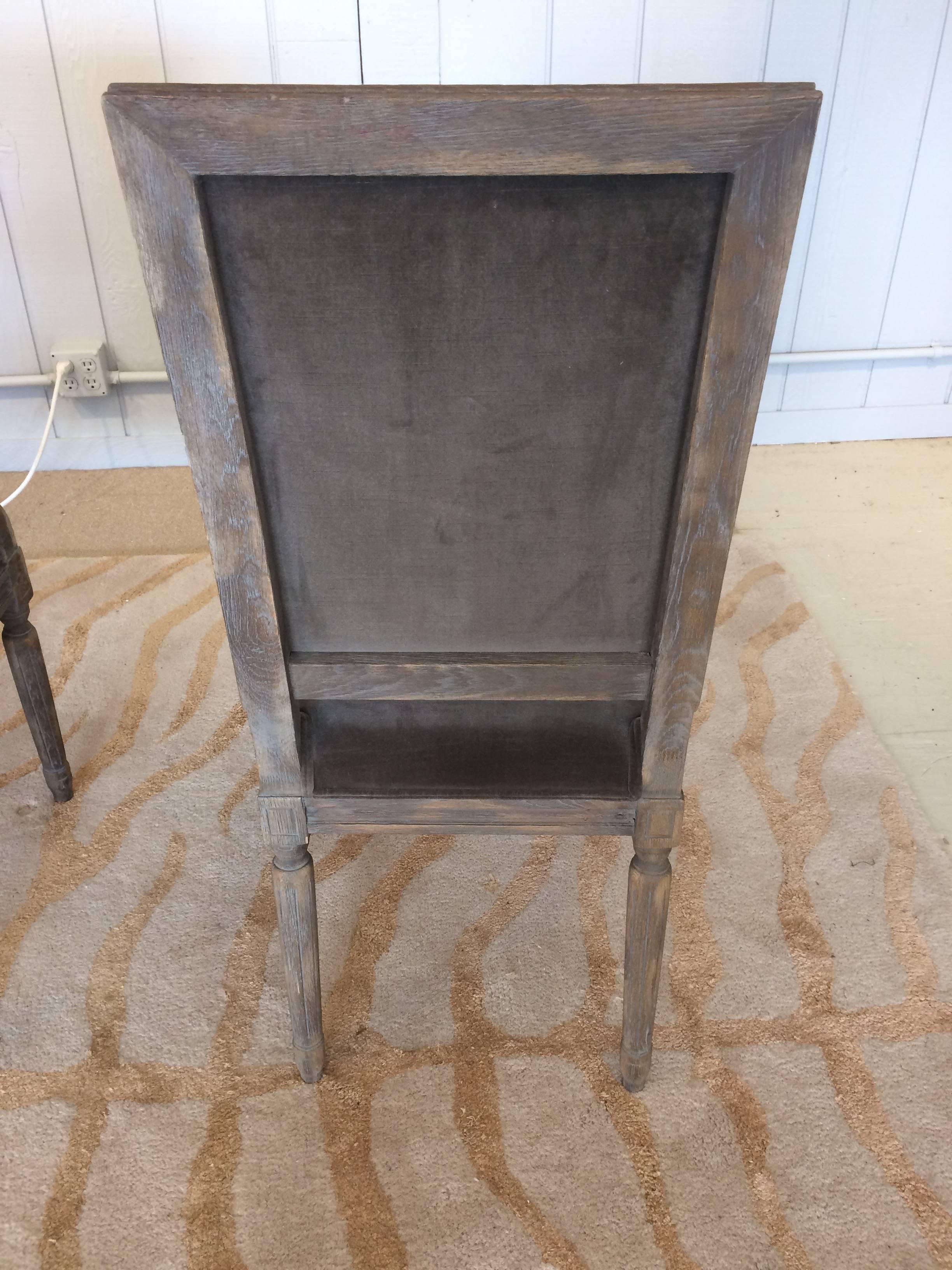Set of Six Restoration Hardware Washed Oak and Velvet Dining Chairs 1