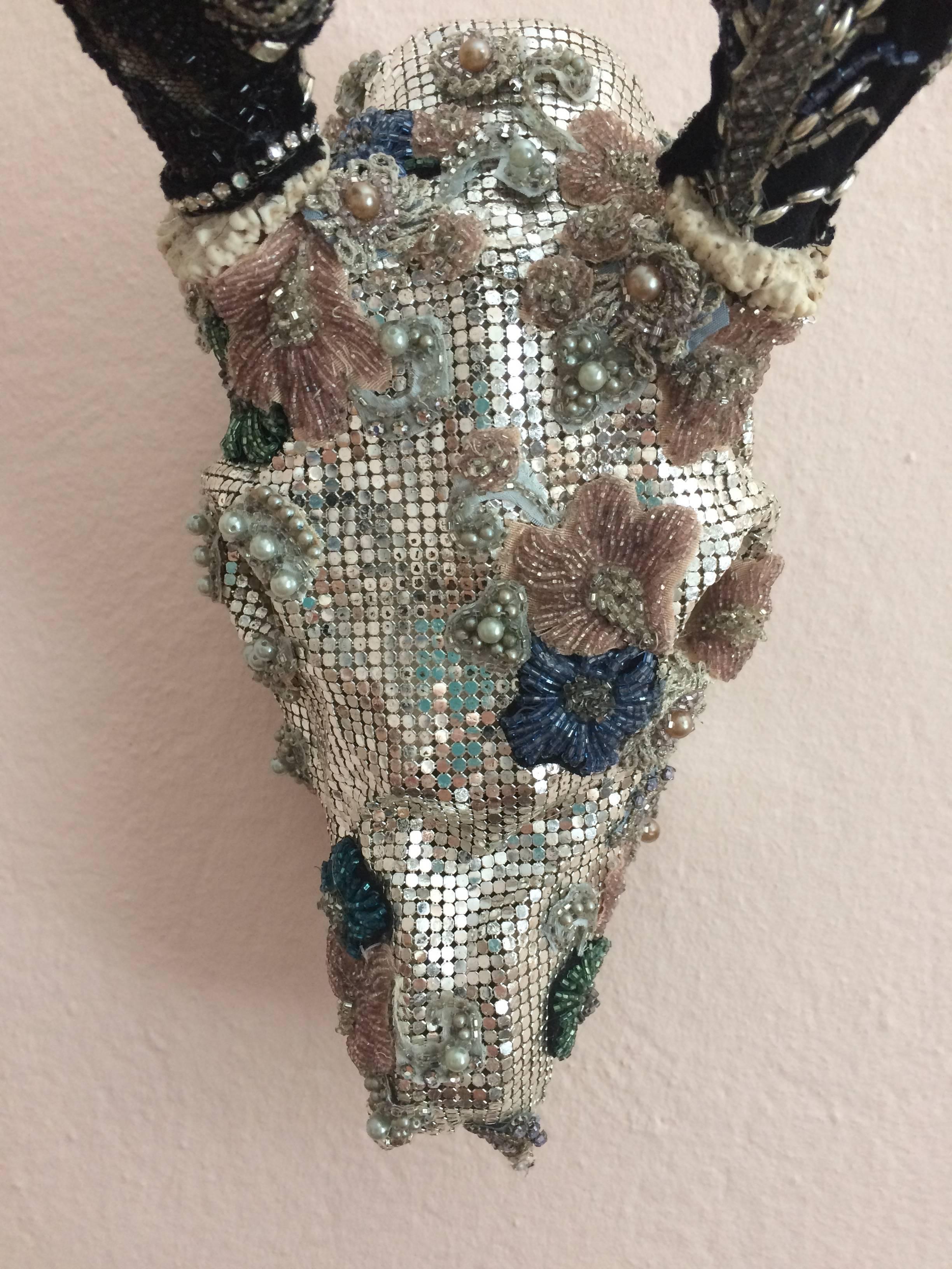 Contemporary Sparkly Gem of a Skull Sculpture in Silver Mesh For Sale