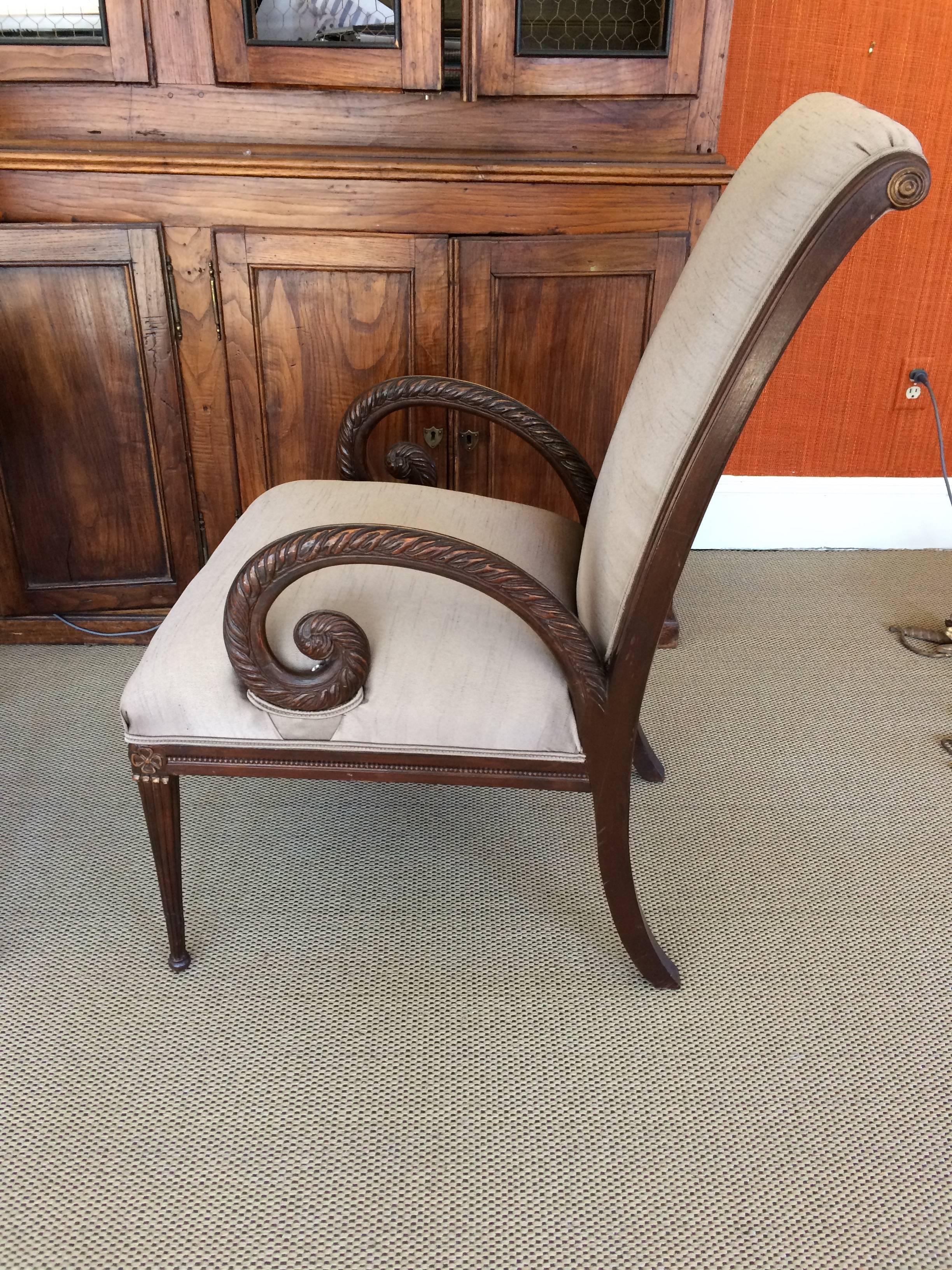Mid-20th Century Pair of Gorgeous Carved Walnut and Upholstered Armchairs