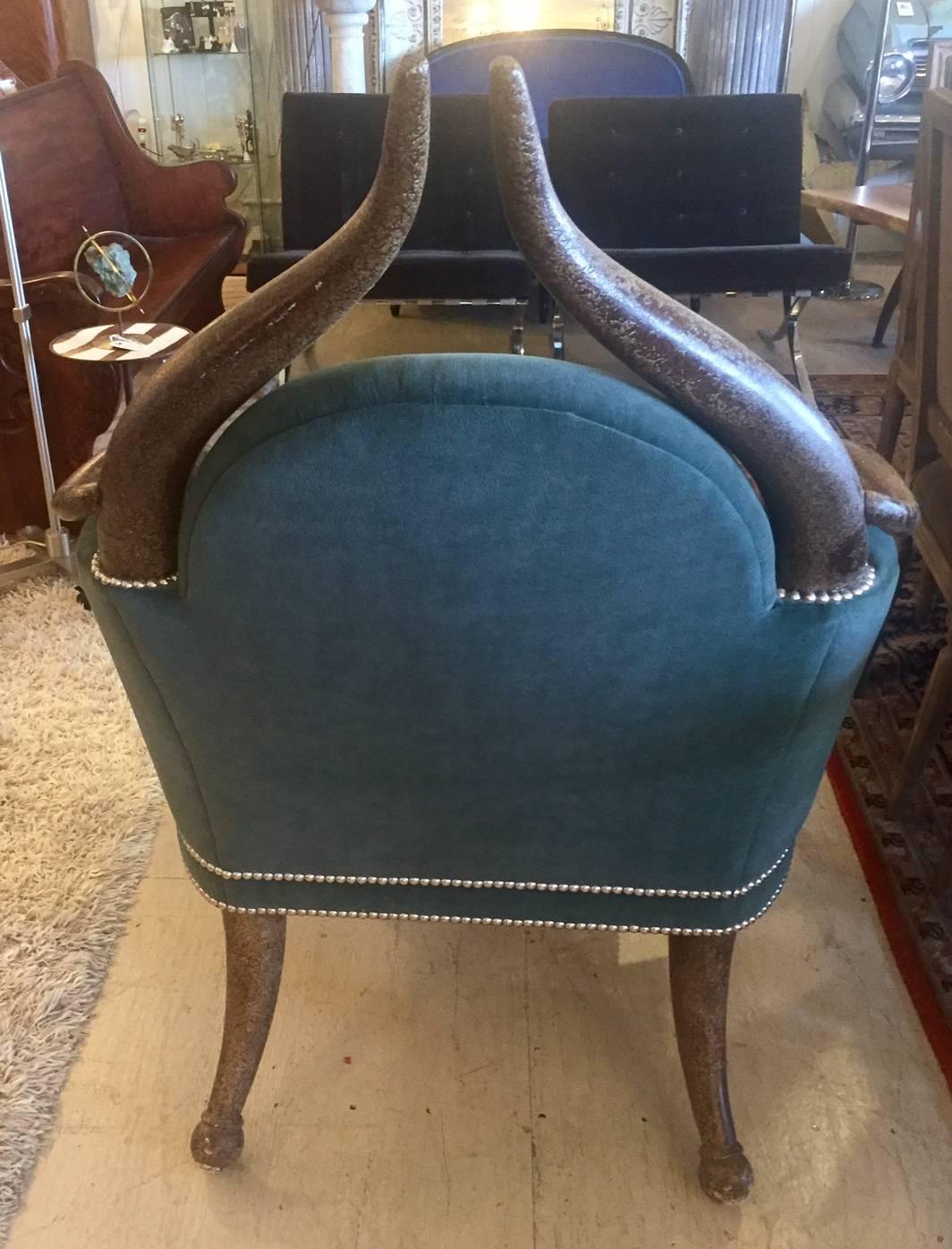 Other Striking Faux Horn Armchair with Teal Velvet Upholstery