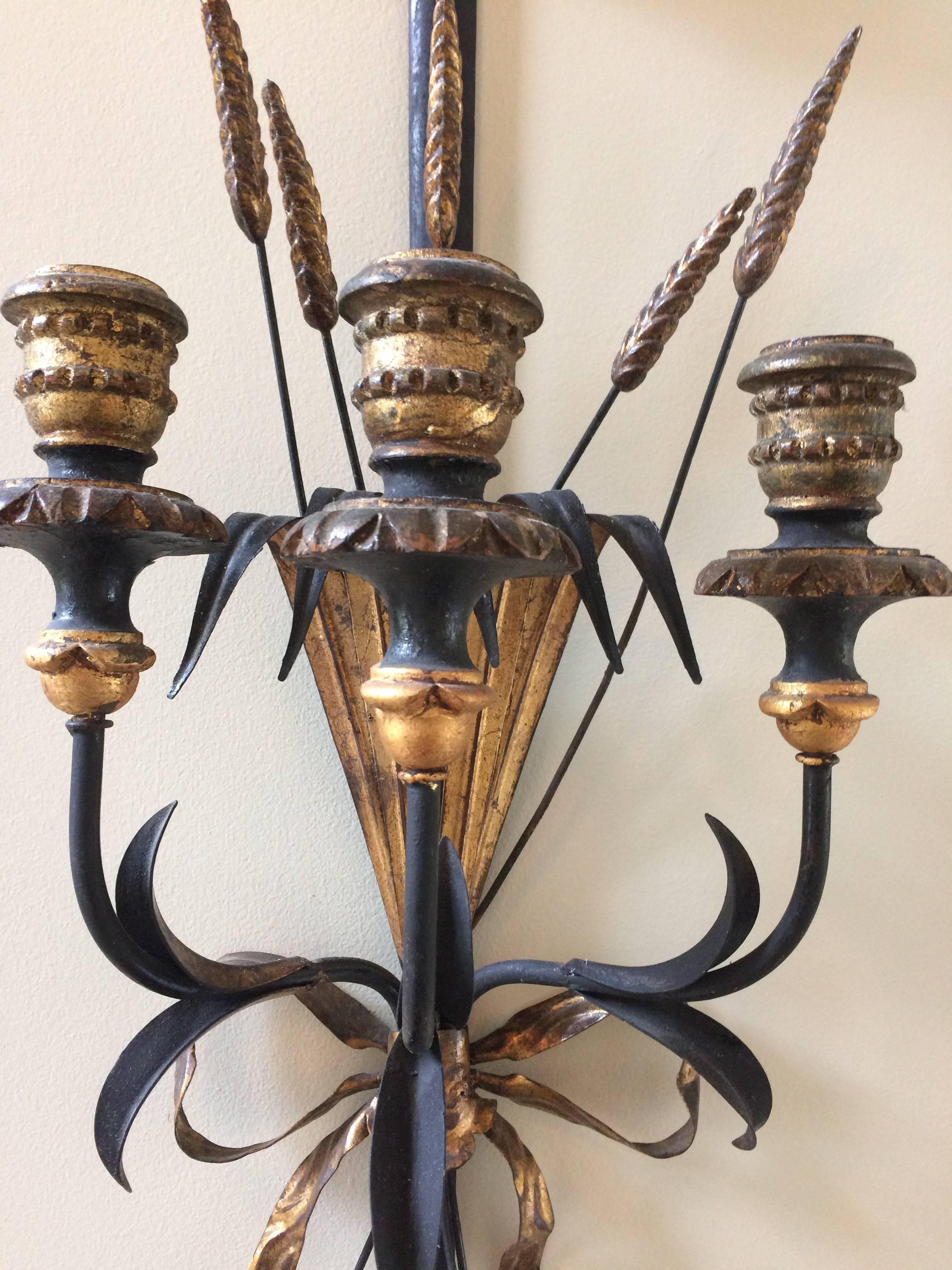 Pair of Romantic Sword and Wheat Motif Black and Gold Sconces 1