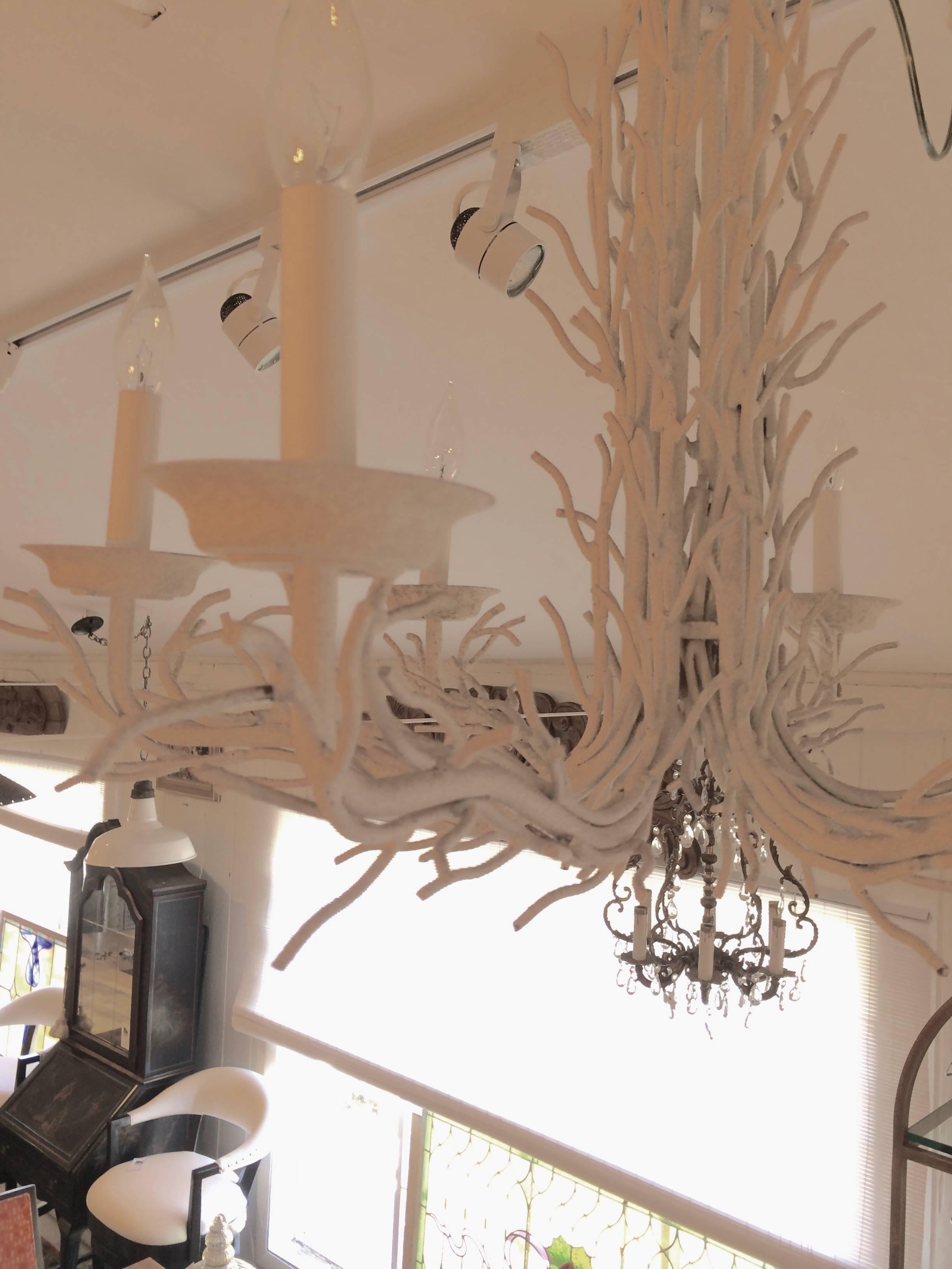 Organic Modern Stunning Sculptural White Iron & Tole Coral Branch Chandelier