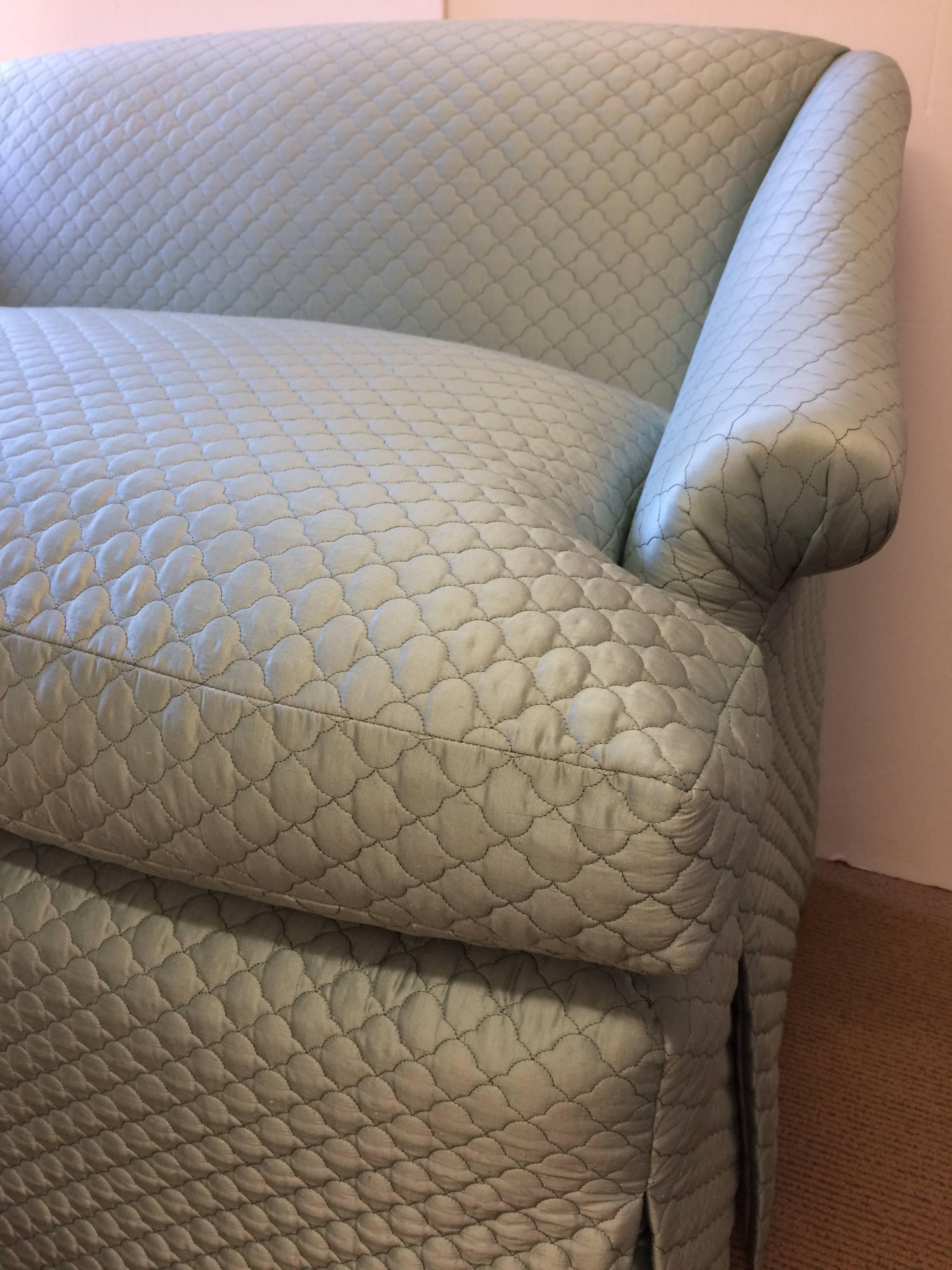 Movie Star Glam Pair of Tiffany Blue Silk Quilted Antique Loveseats Settees 1