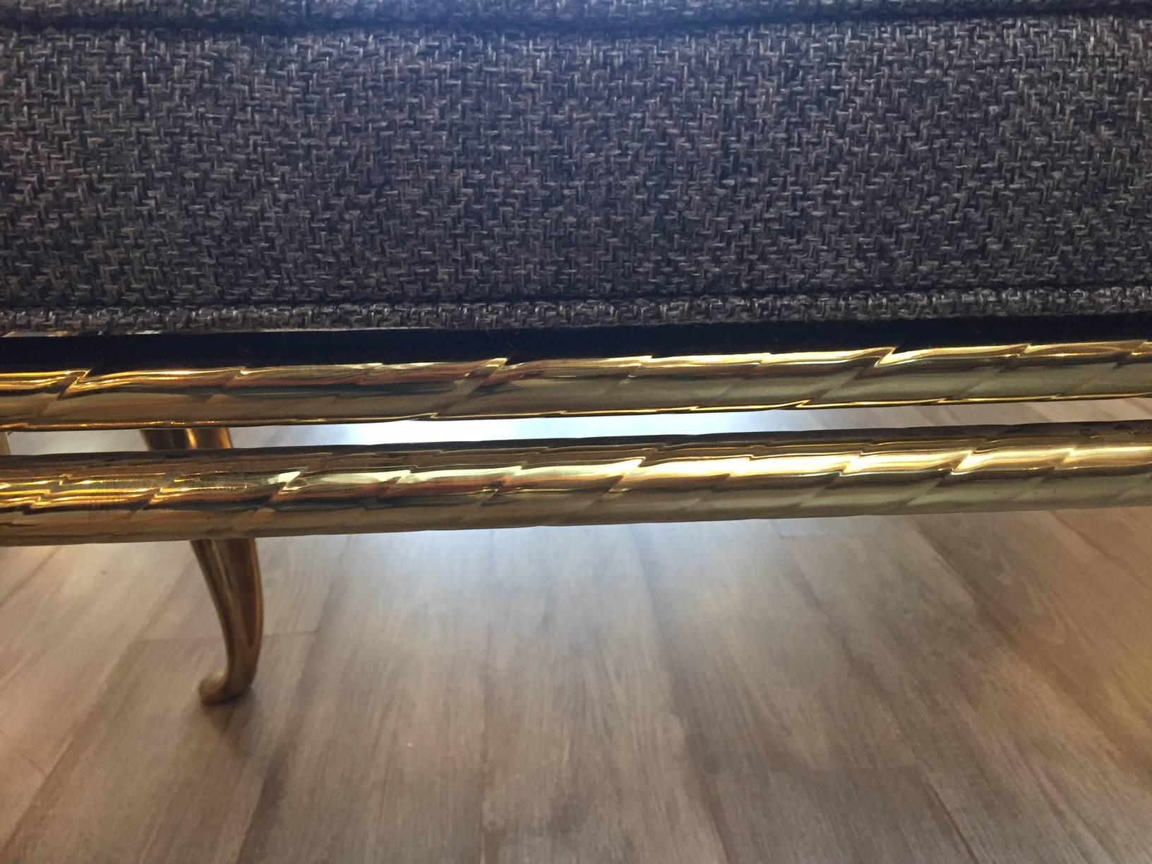 Stunning Solid Brass Bench with Handsome Grey Upholstered Cushion In Excellent Condition In Hopewell, NJ