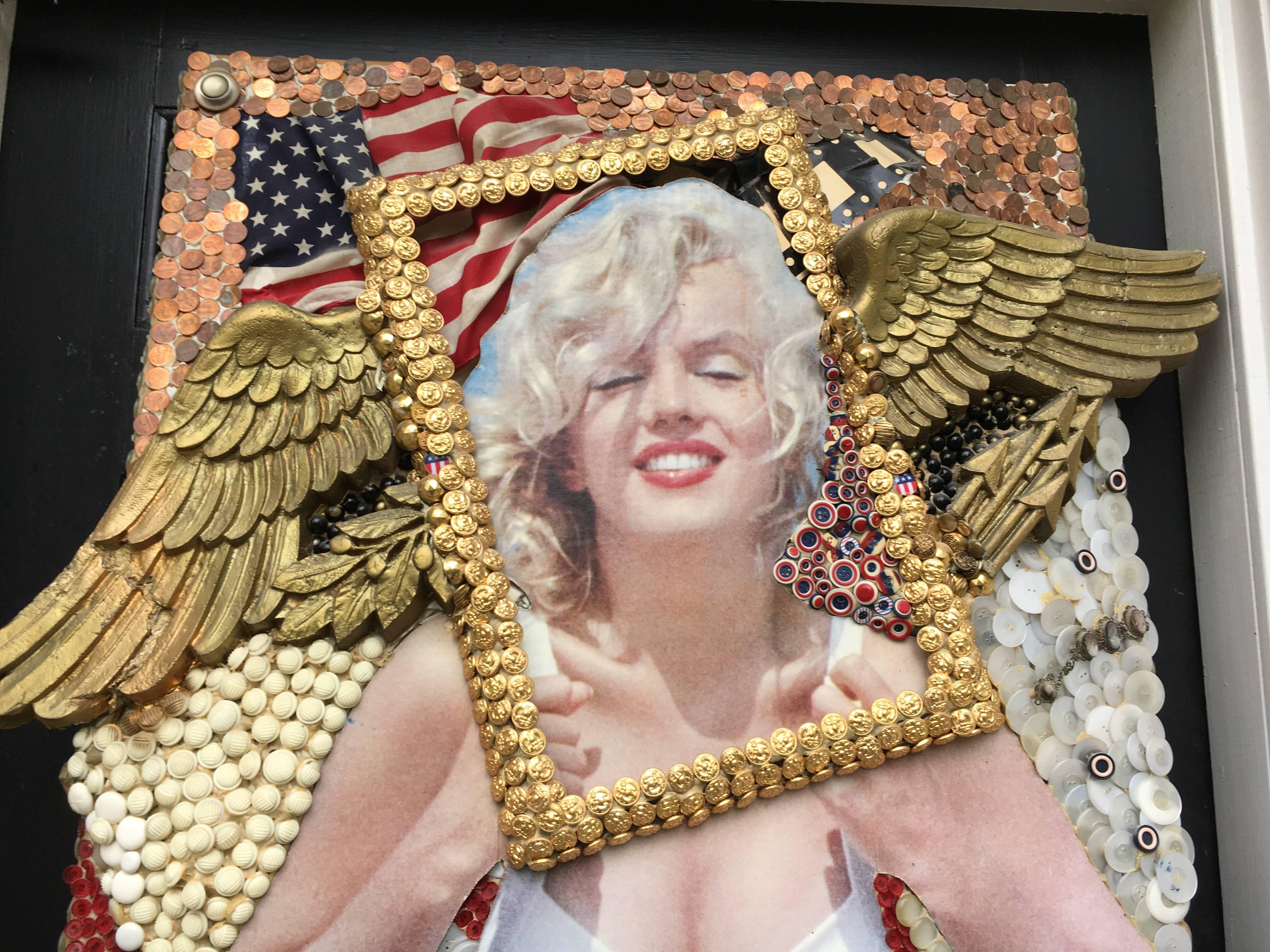 Sensational homage to Marilyn Monroe, this mixed media creation is comprised of found objects such as buttons, pennies and a cardboard print of Marilyn Monroe mounted on a wood door. Entitled Shining Star, artist Philipe Valy (French, b. 1926)