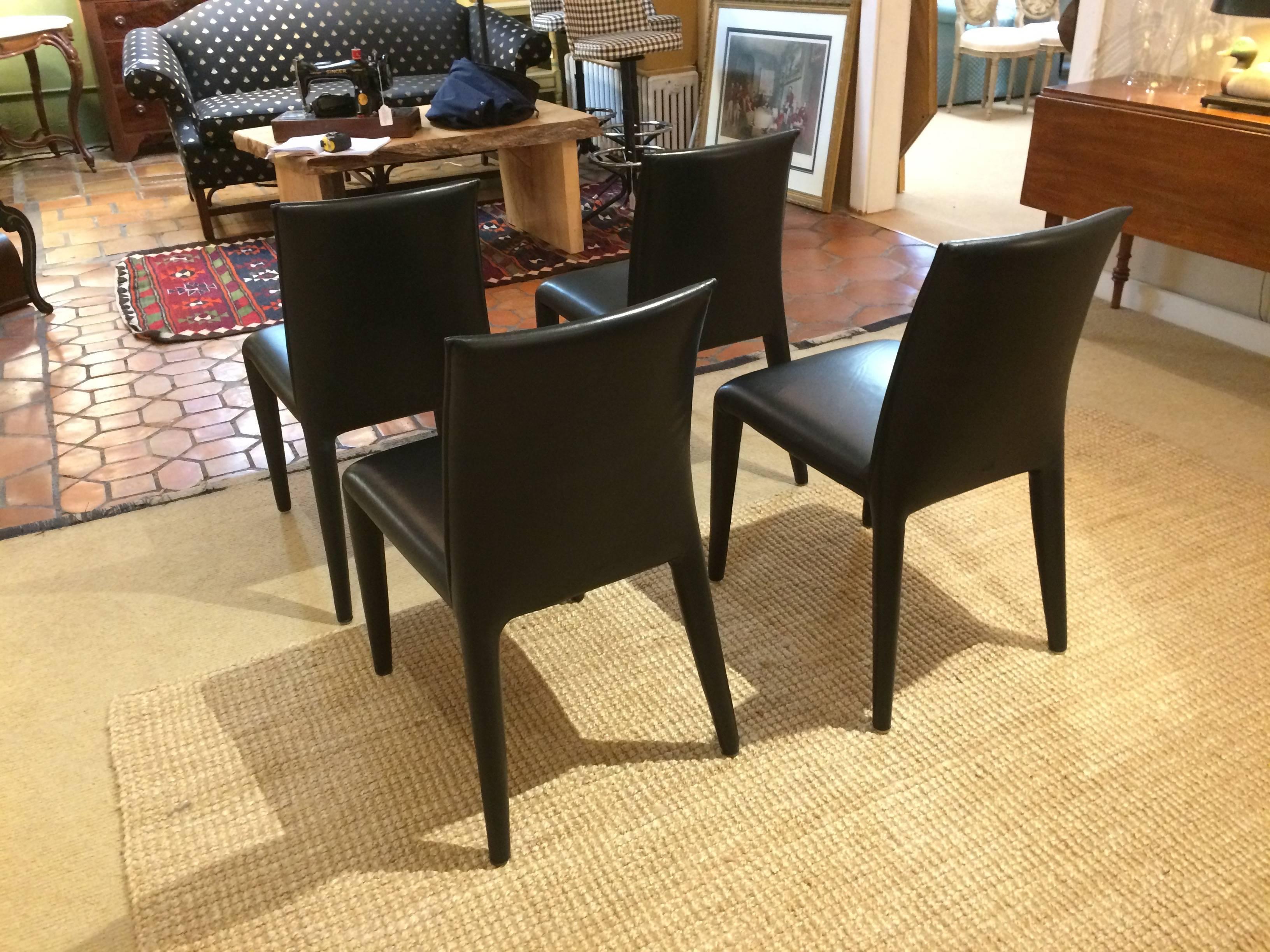 Mid-Century Modern Set of Four Sexy B & B Italia Black Leather Dining Side Chairs
