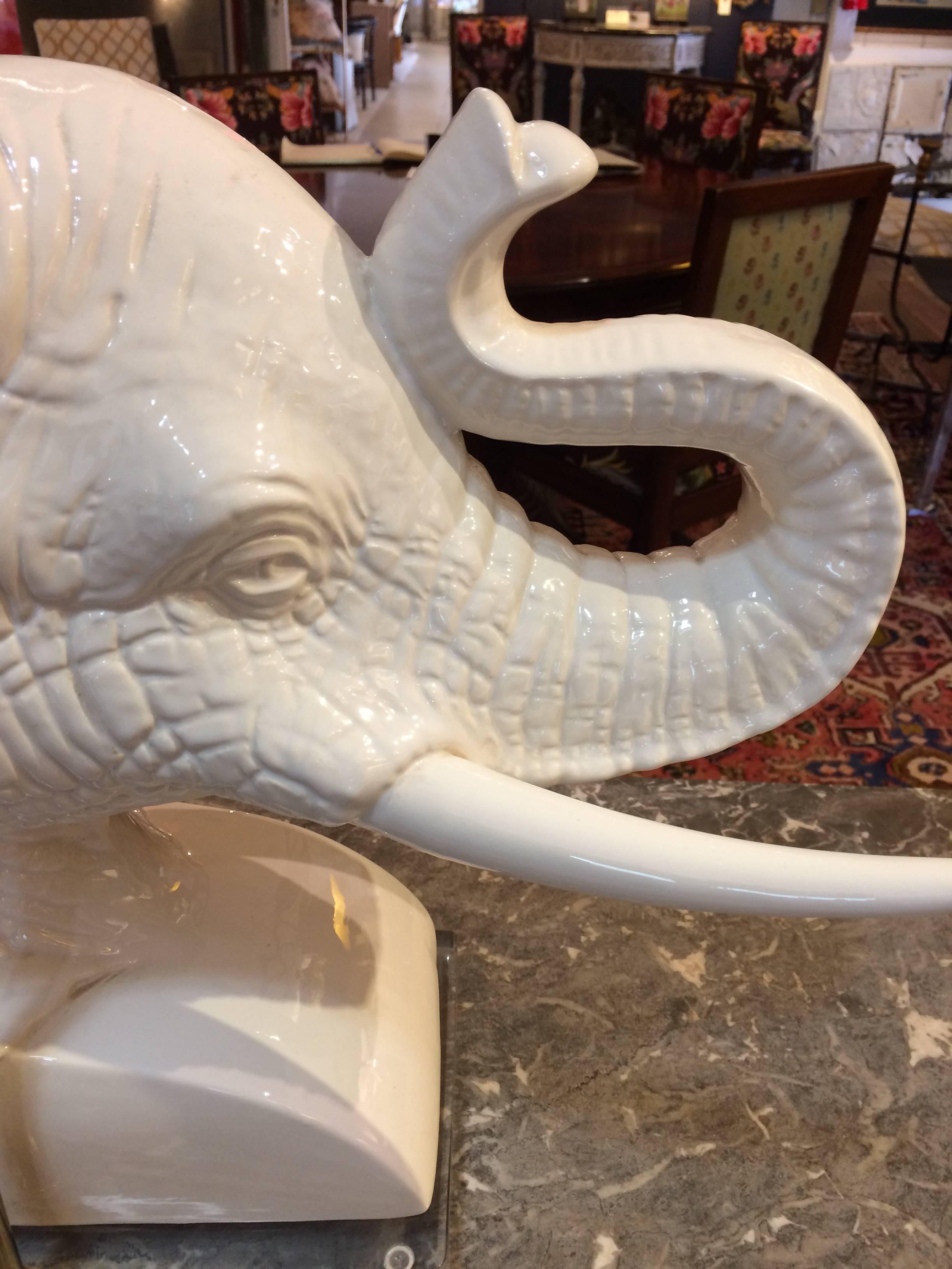 American Pair of Sculptural Mid-Century Modern Ceramic Elephant Bust Table Lamps For Sale