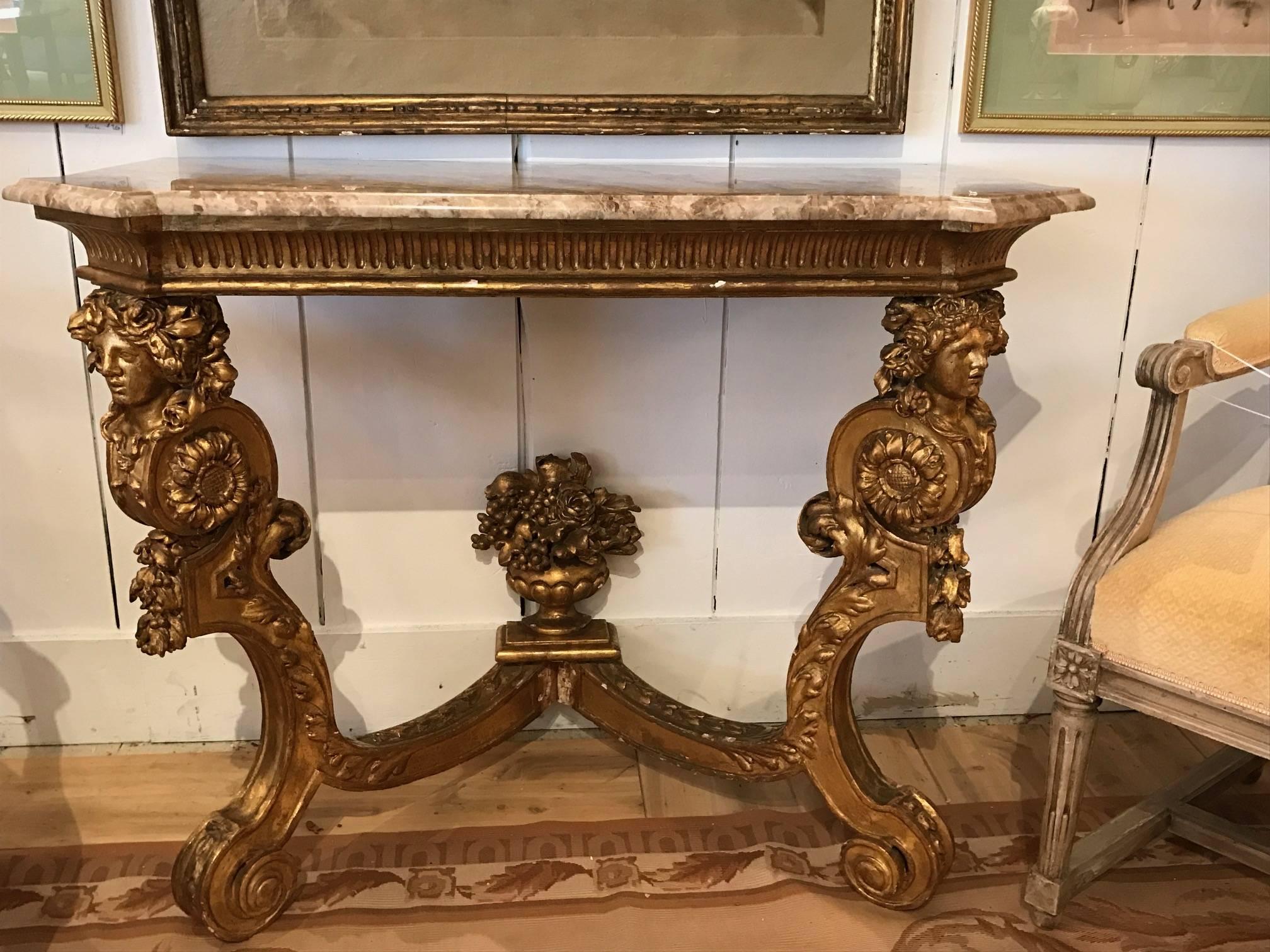 French Magnificent Giltwood and Marble Louis XIV Style Console Table