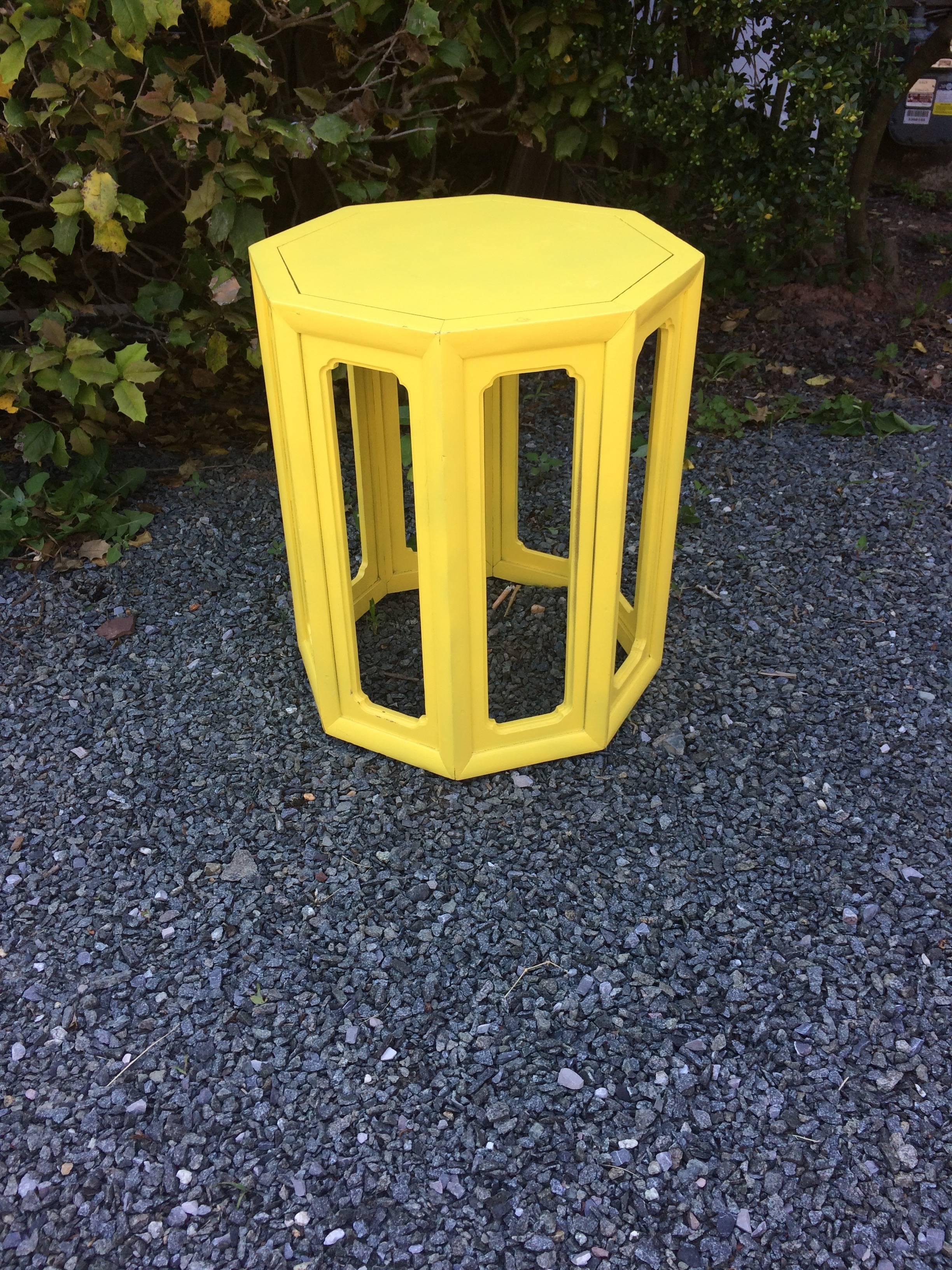 Eye-catching stylish little octagonal side or drinks table in bright canary yellow with sophisticated tambour shape and Moroccan flair. By Widdicomb.