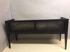 Ebonized and Caned Bench with Linen Cushion