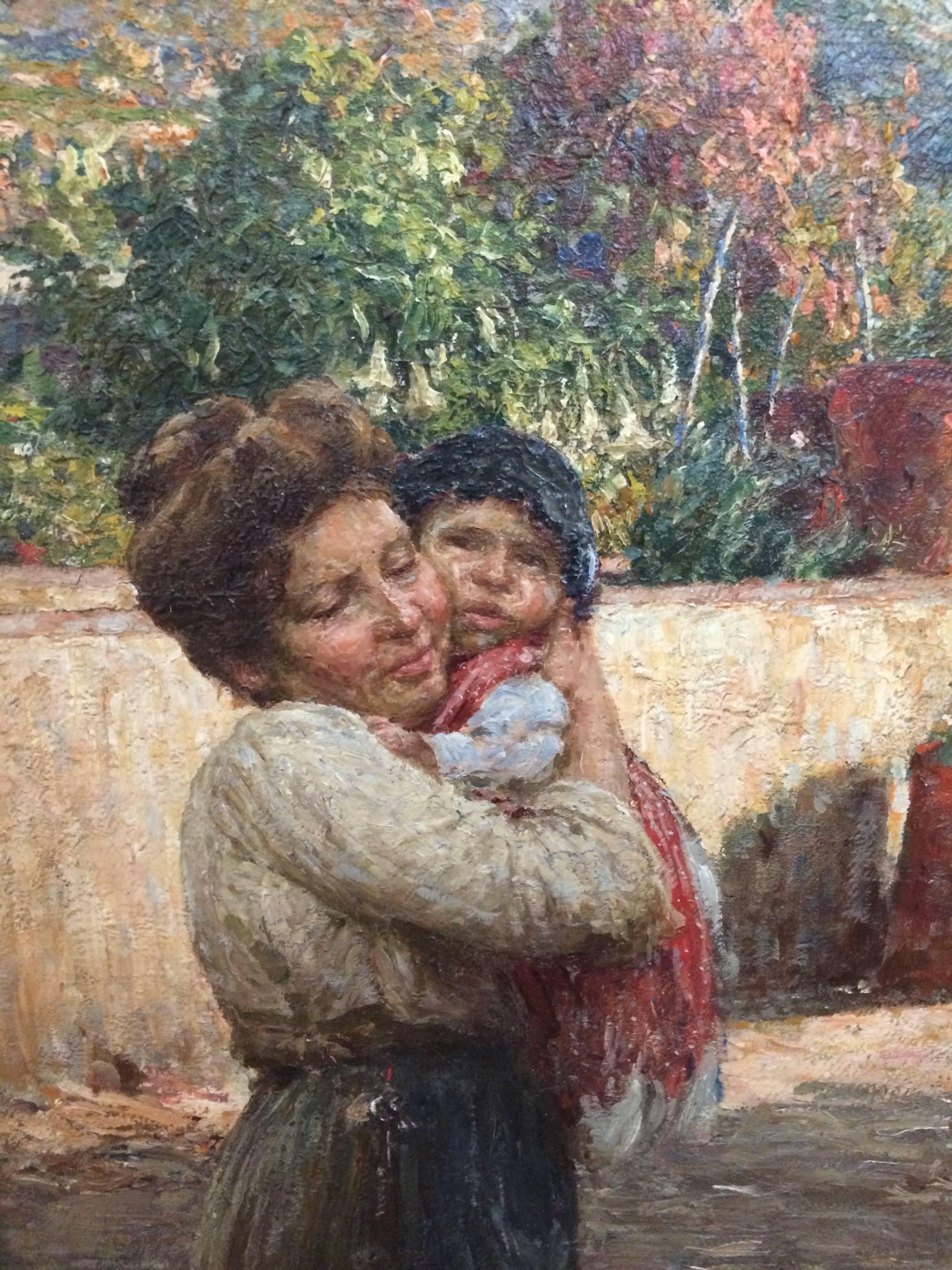 Gorgeously rendered oil painting of a mother adoringly cuddling her baby on a sun dappled patio with Italian countryside in the background. Unknown artist and origin, but estimate circa 1940, Italy.
Fabulous copper frame with fleur-di-lis esque