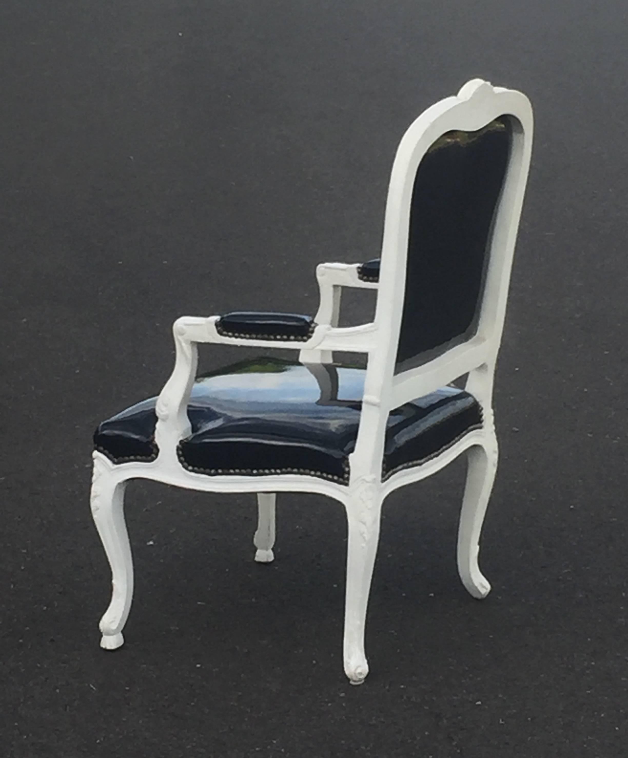Louis XVI Sassy French Style Arm Chair with Painted Wood Frame and Black Patent Leather