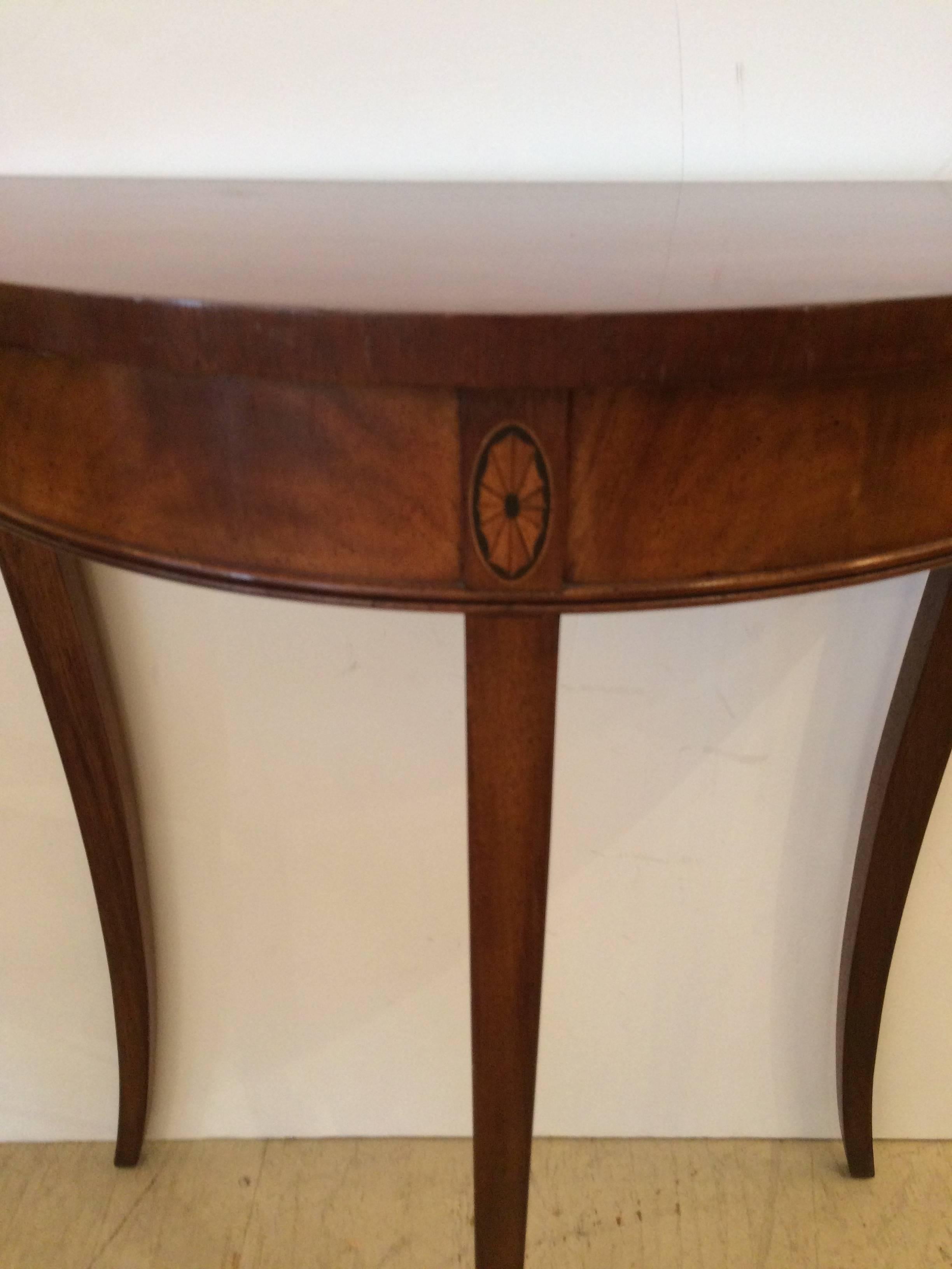 American Lovely Small Mahogany and Satinwood Inlay Demilune Console Table