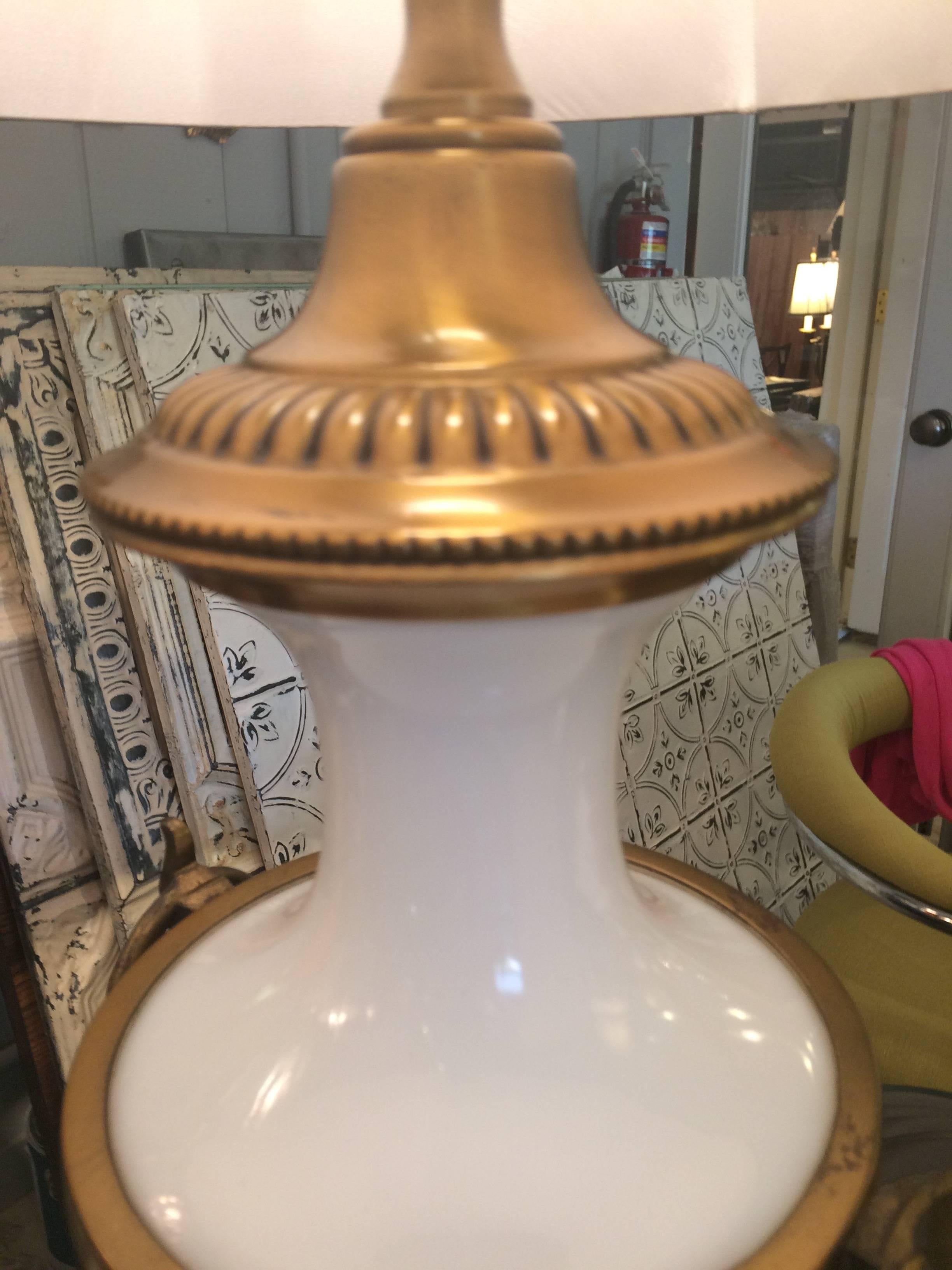 Pair of Stately Opaline and Brass Table Lamps In Excellent Condition In Hopewell, NJ