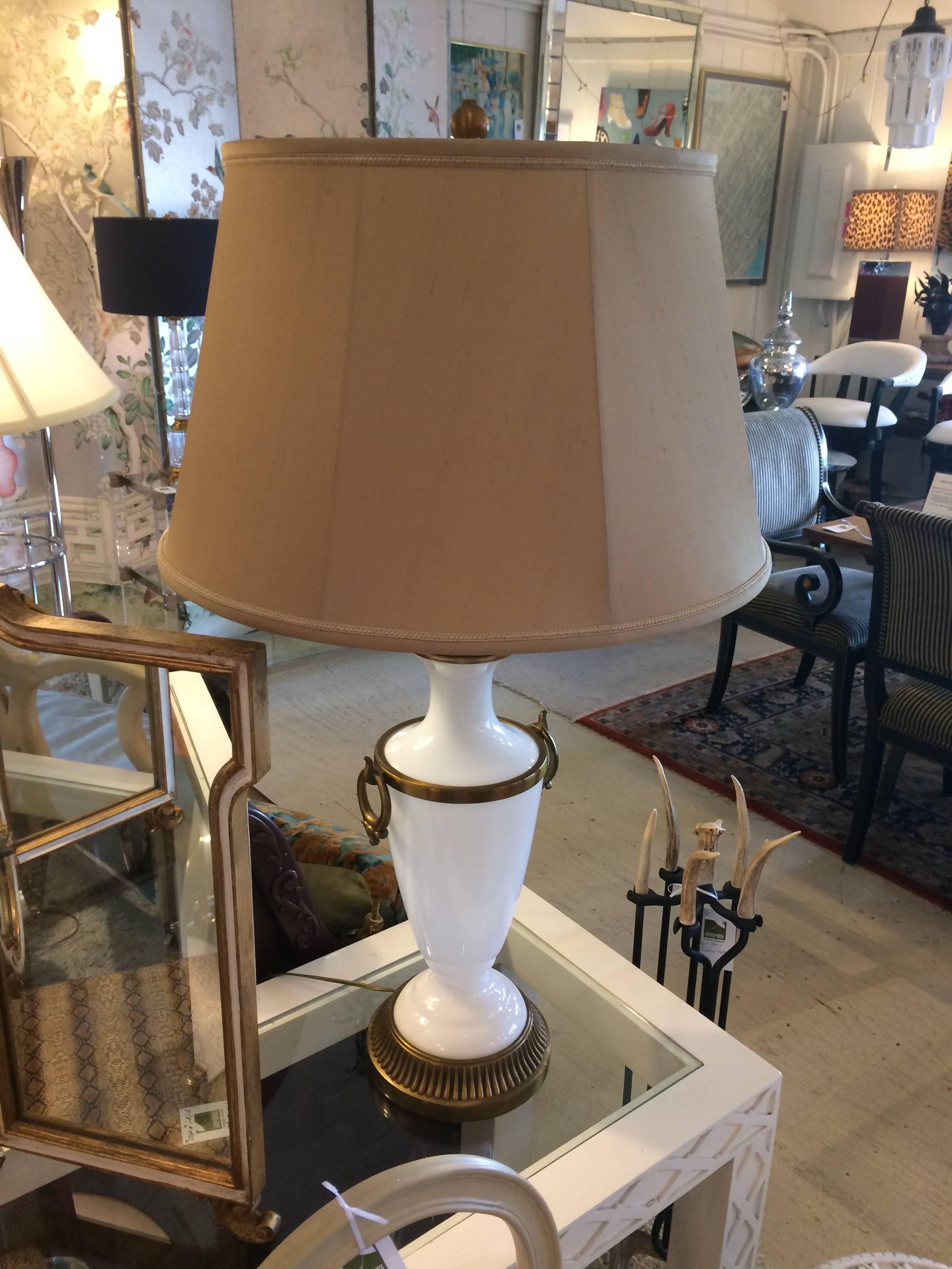Late 20th Century Pair of Stately Opaline and Brass Table Lamps