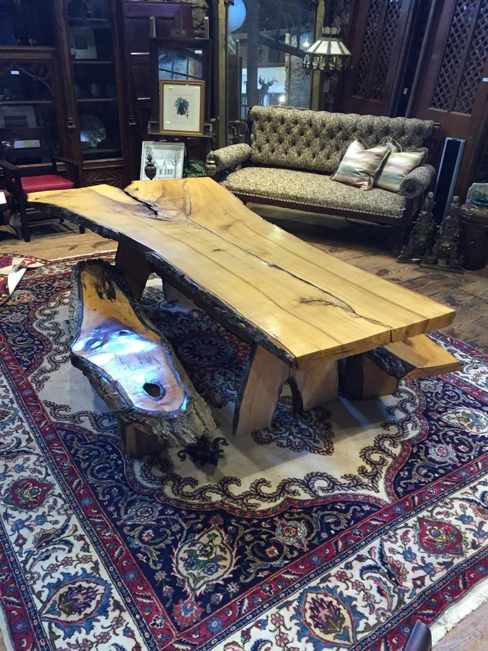 Adirondack Handmade Live Edge Dining Table and Matching Benches