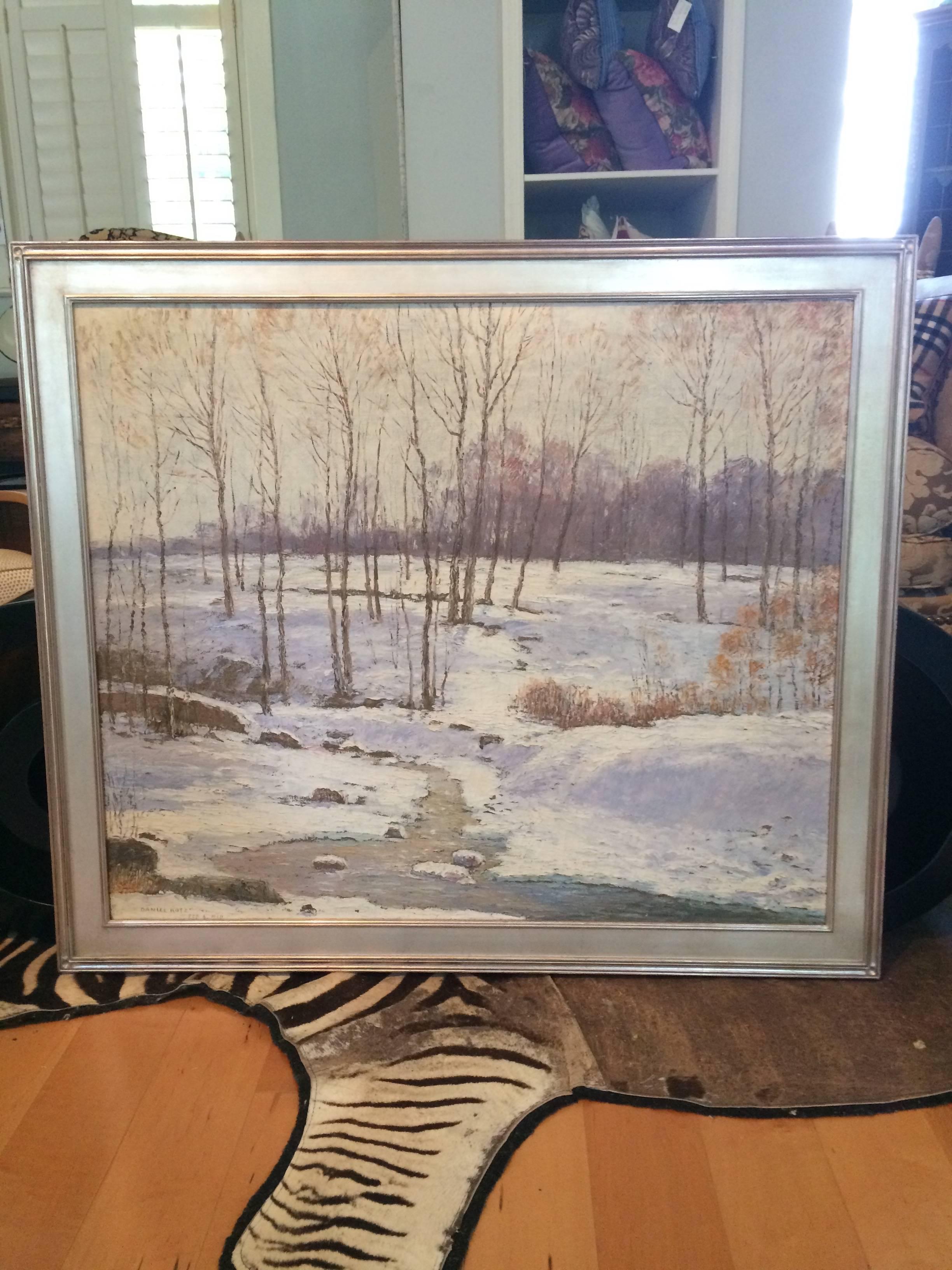 Gorgeously rendered winter scene, large and striking, with rich impasto. Signed lower left, Daniel Kotz 1928? Custom silver leaf wooden frame.