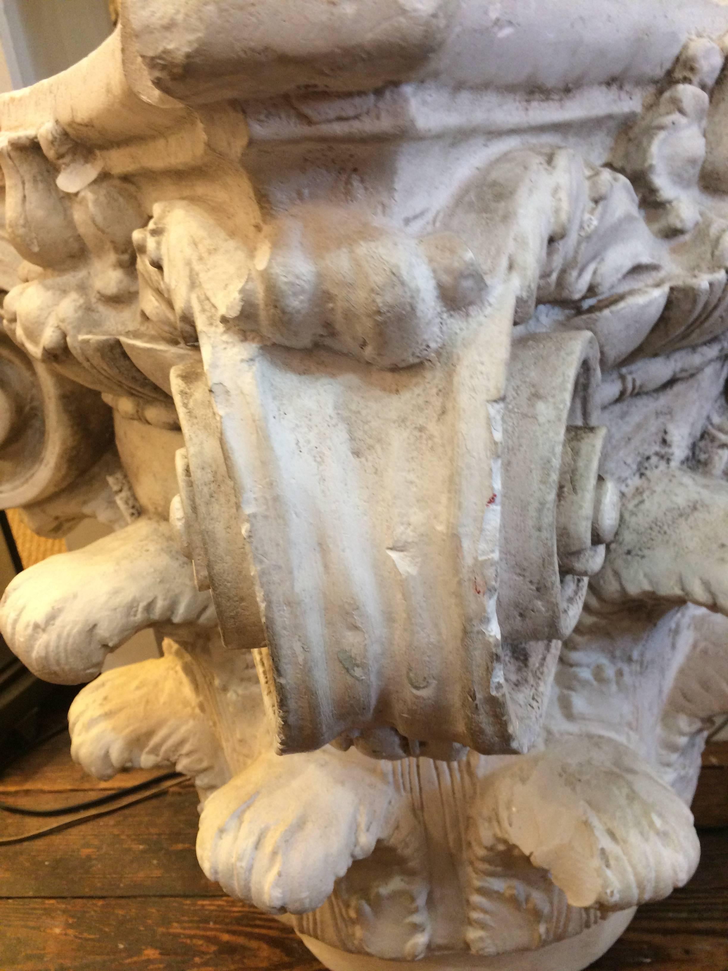 Three Sided Carved Plaster Column Top Table In Distressed Condition In Hopewell, NJ