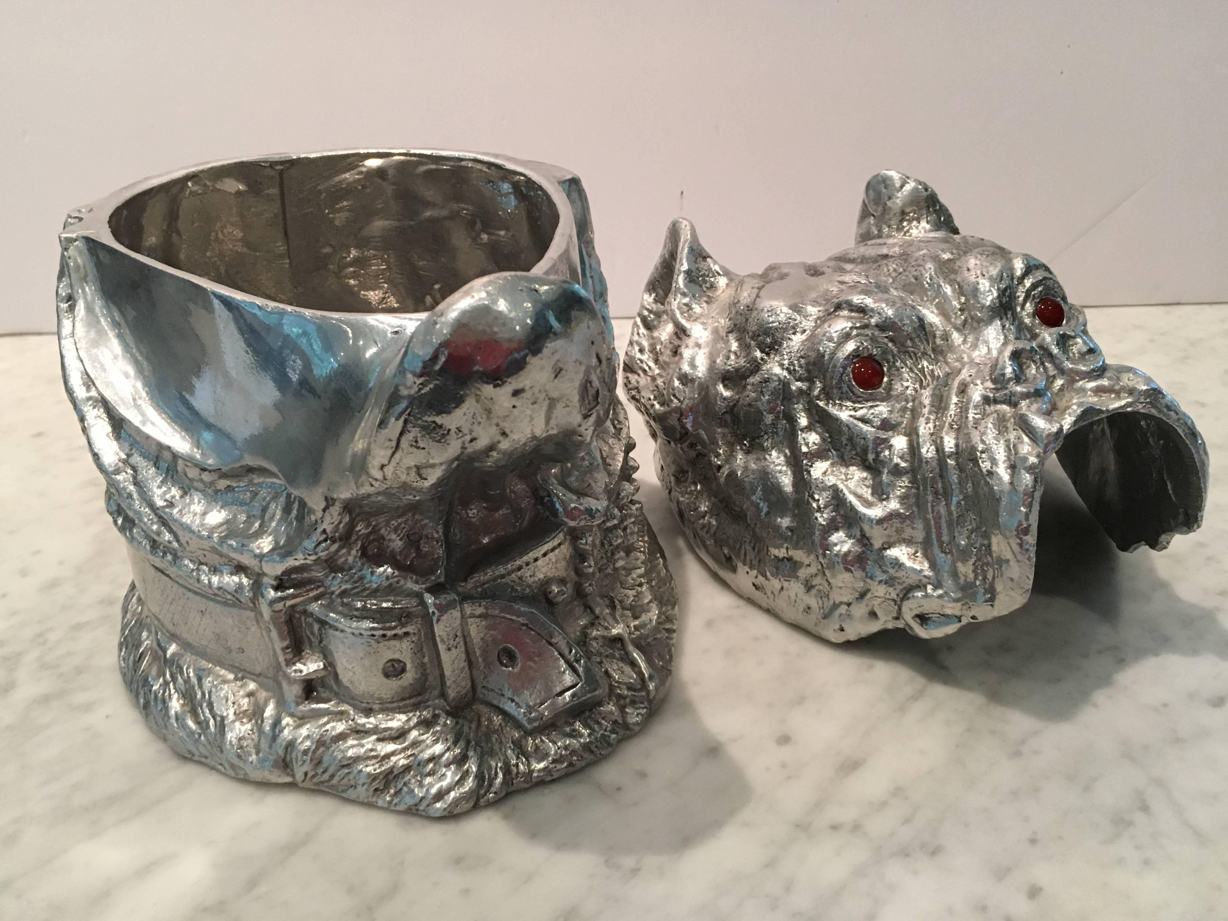 Unique Arthur Court (1928-2015) cast aluminum bulldog ice bucket or champagne cooler. Bulldog is wearing a collar and has glass eyes.