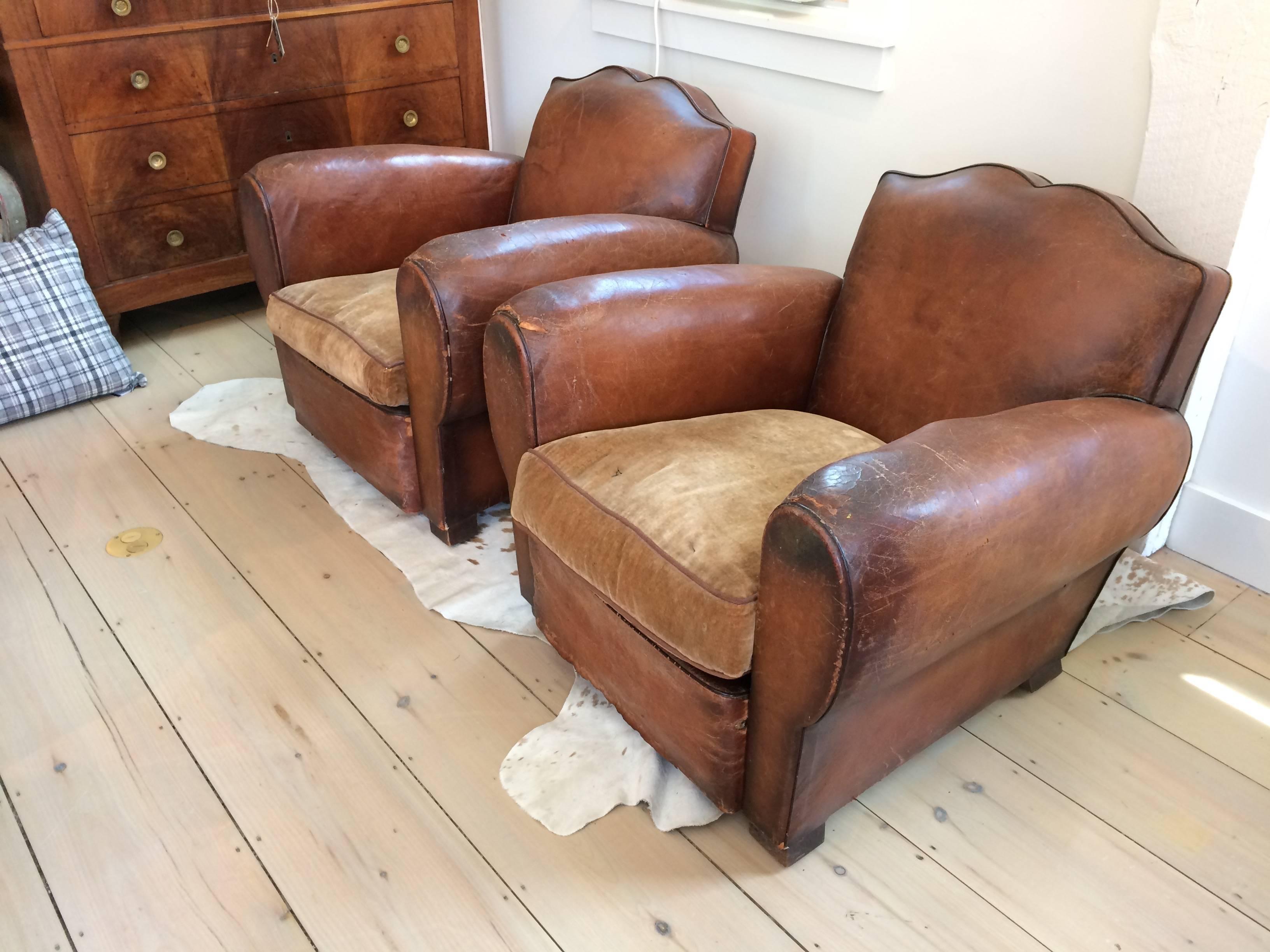 Authentic vintage French moustache chairs from the city of Avignon, France with original leather in natural distressed state and velvet seats. 
Seat depth 23.