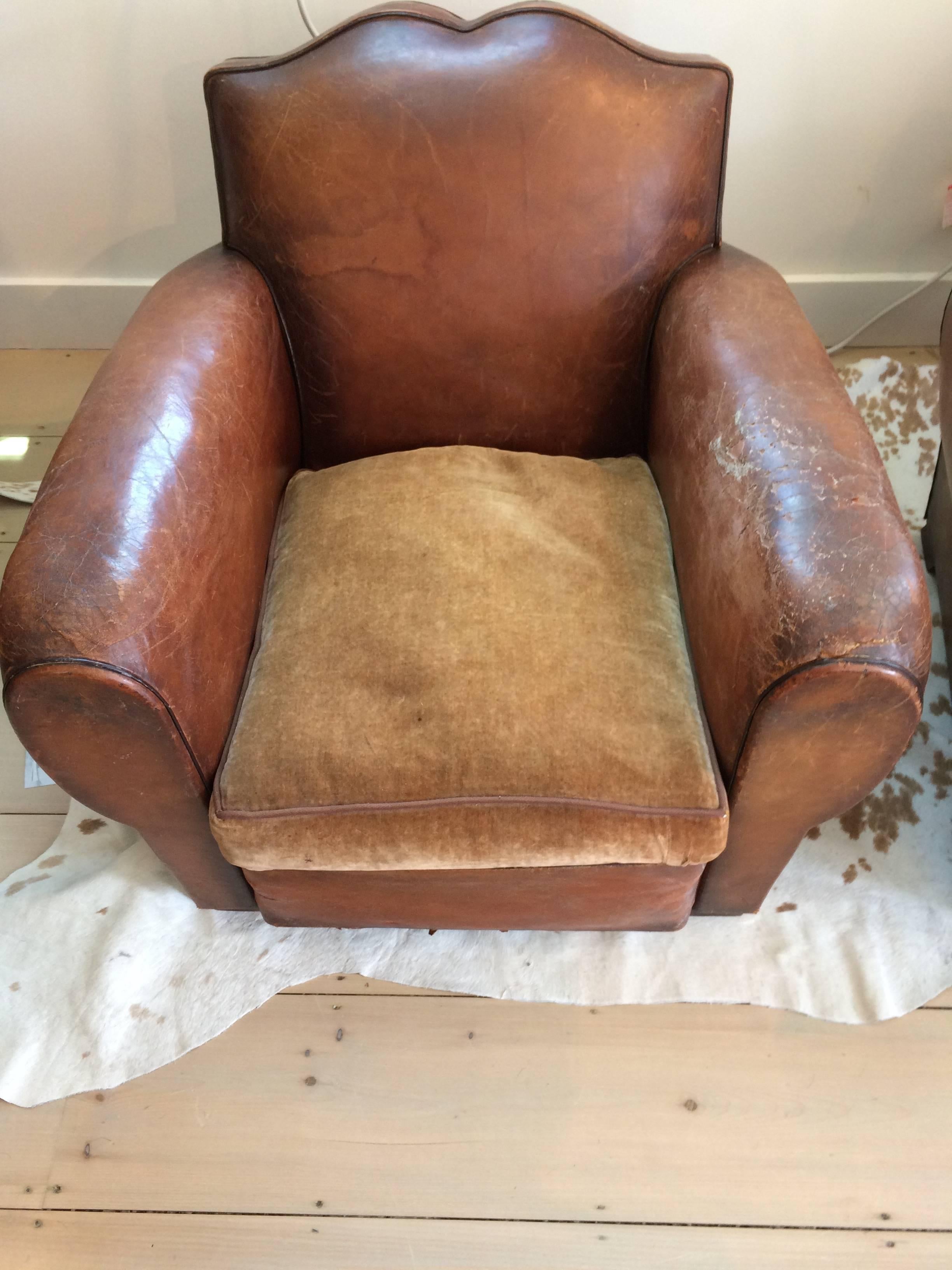 Authentic Pair of Distressed French Vintage Moustache Style Leather Club Chairs In Distressed Condition In Hopewell, NJ