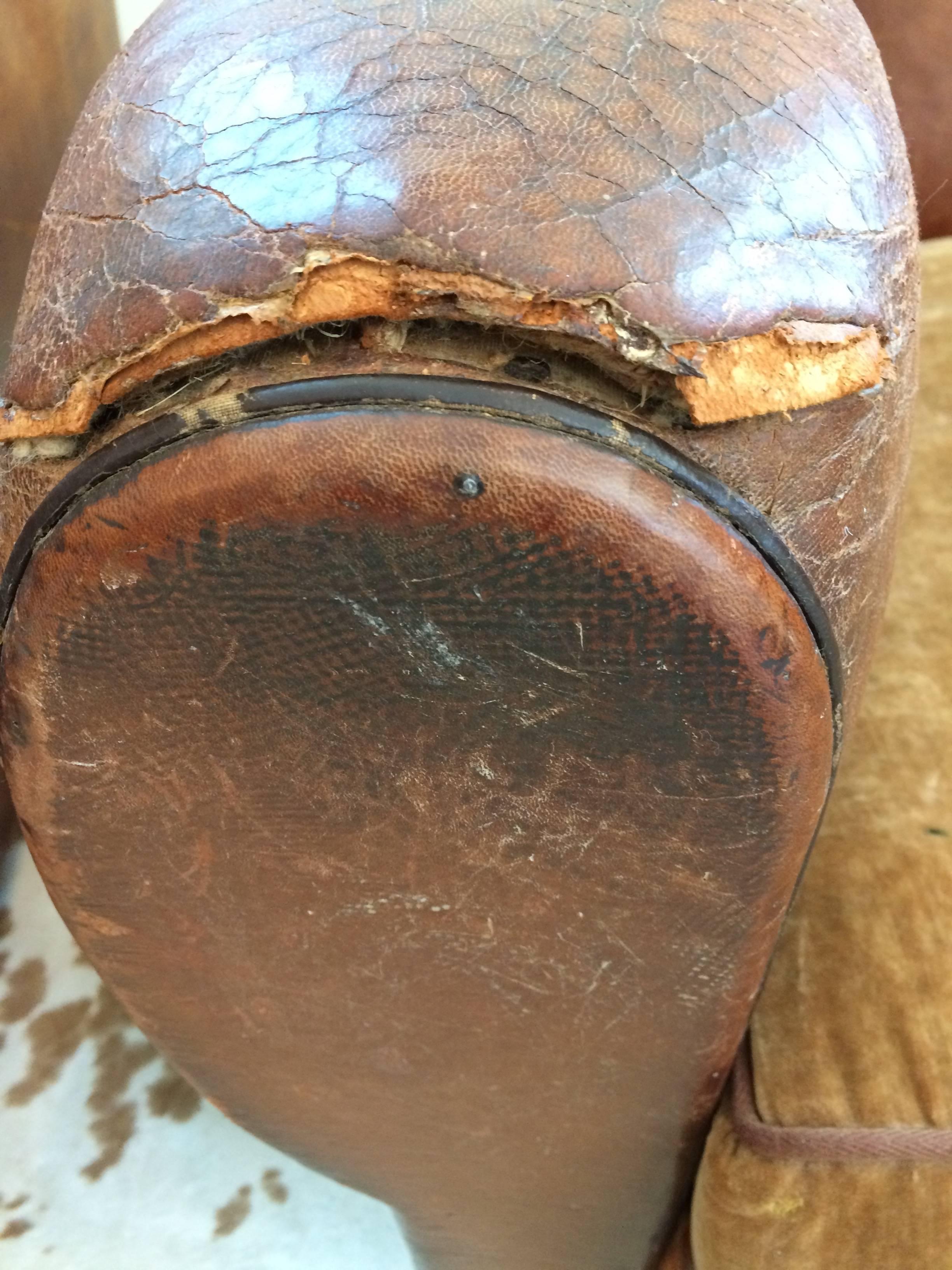 Authentic Pair of Distressed French Vintage Moustache Style Leather Club Chairs 2