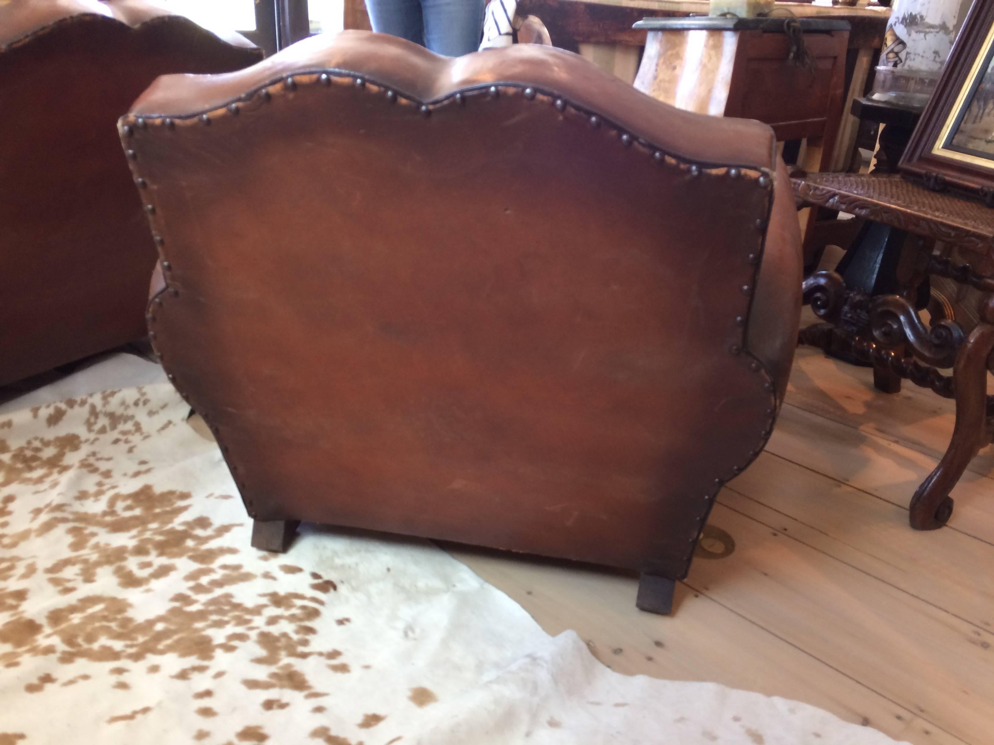 Authentic Pair of Distressed French Vintage Moustache Style Leather Club Chairs 5