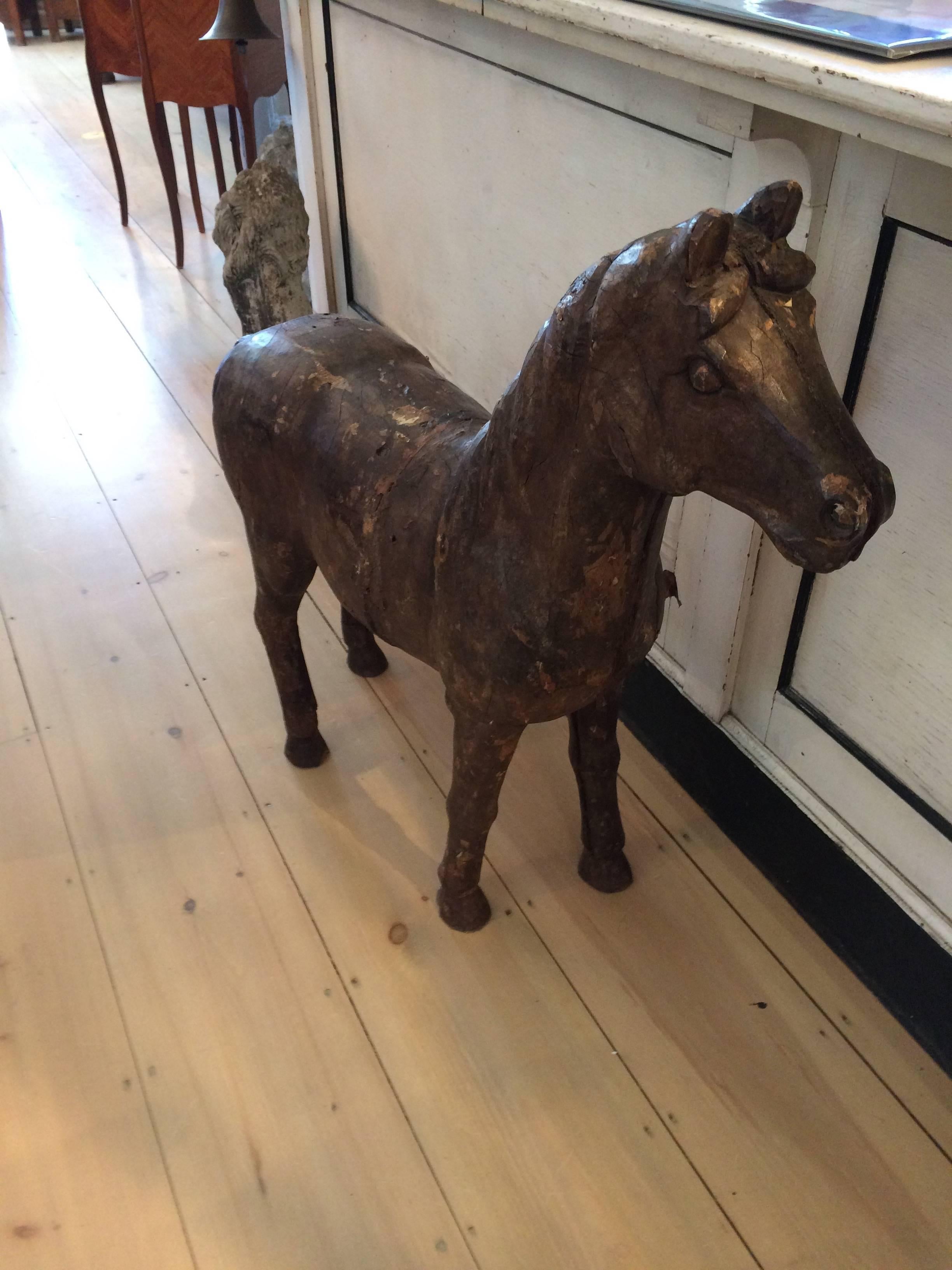 French Remarkable Antique Rustic Carved Wooden Horse