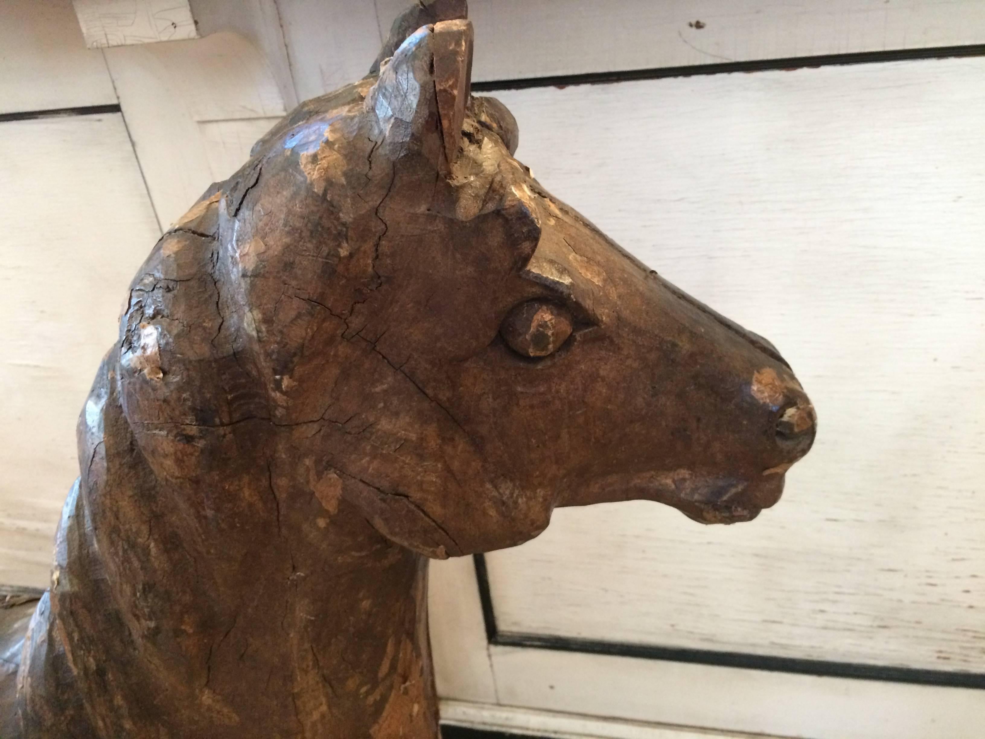 19th Century Remarkable Antique Rustic Carved Wooden Horse