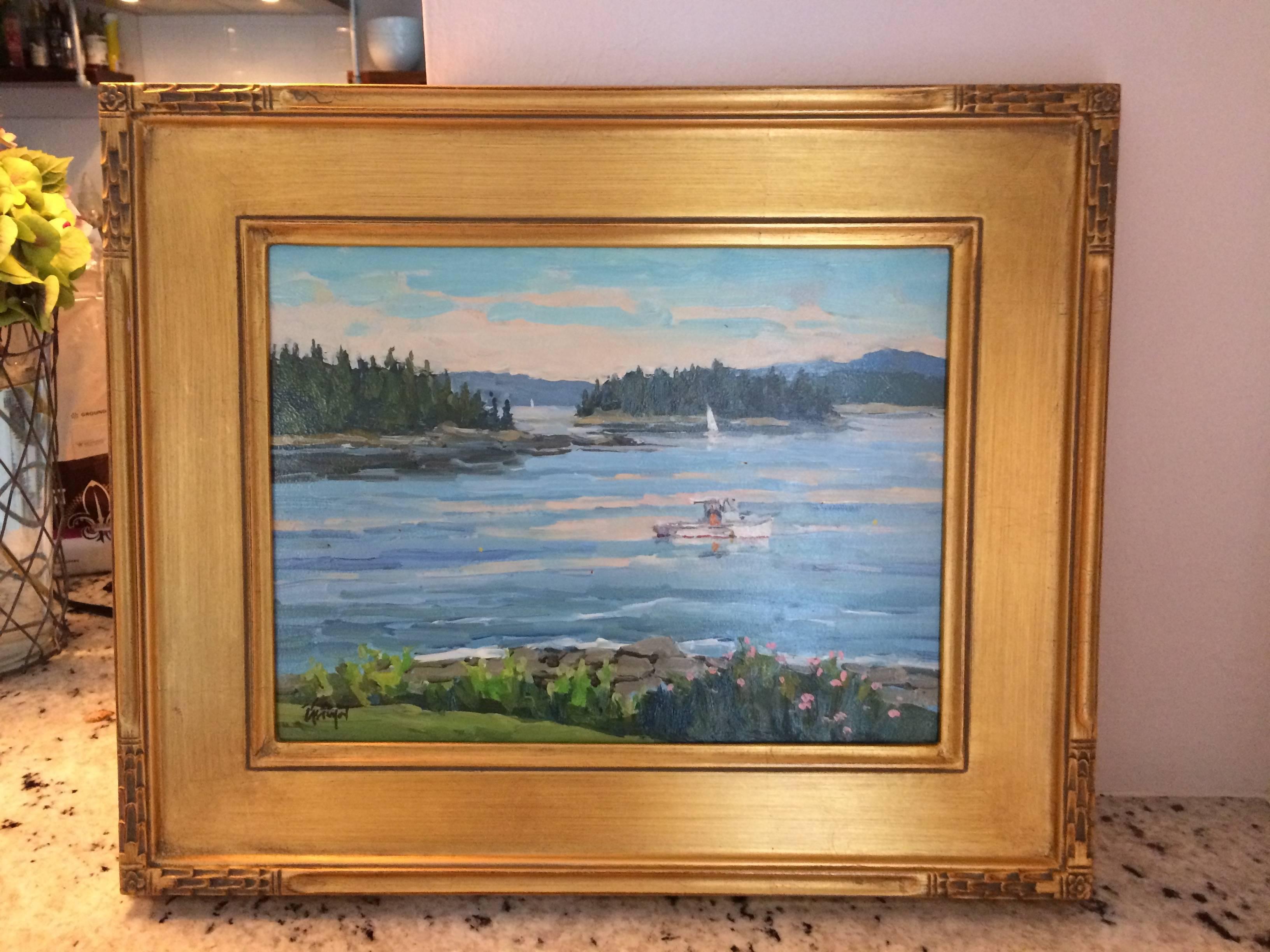 Painterly oil on board of a Maine lobsterboat in a Classic serene landscape. By listed Lincolnville artist, Stefan Pastuhov.