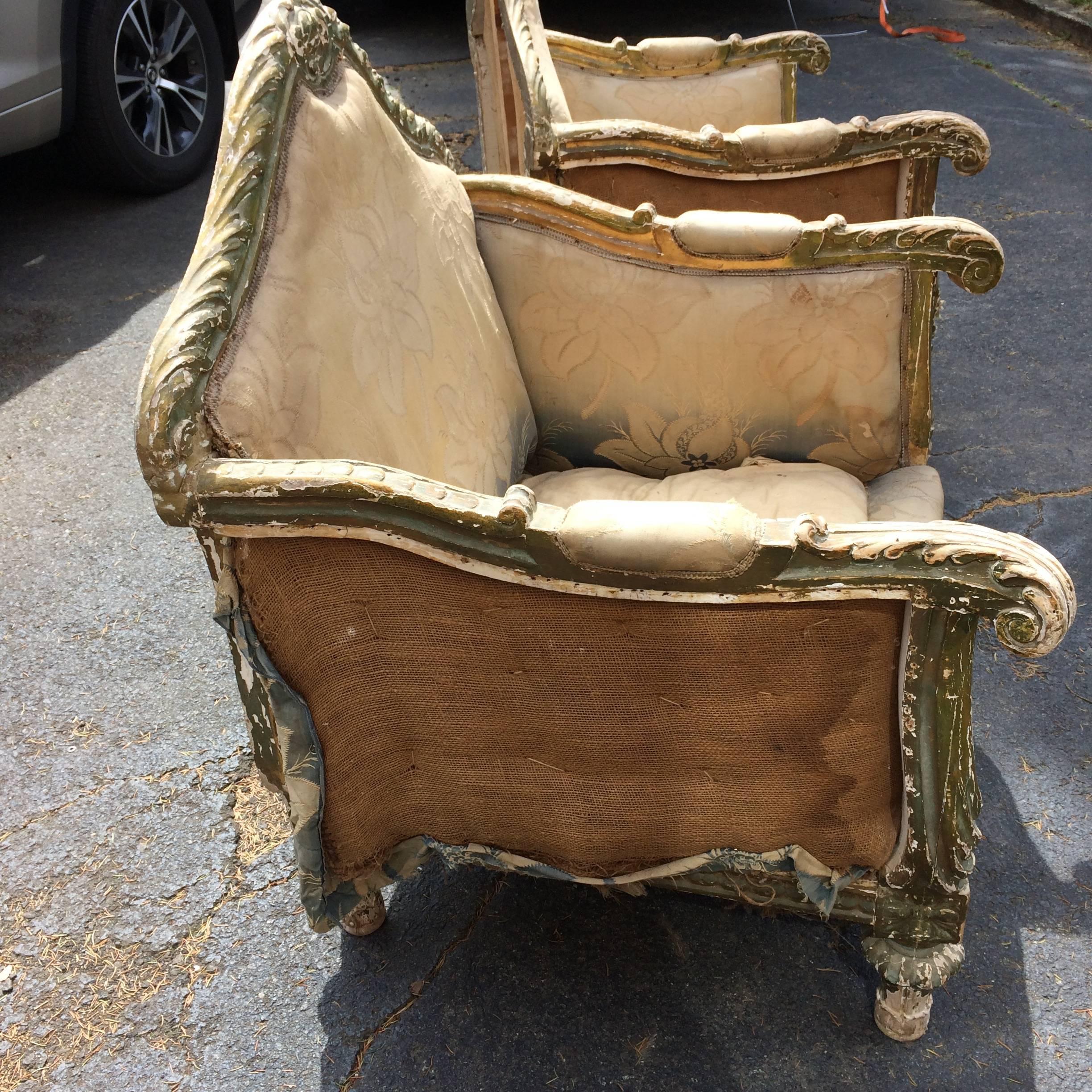 Louis XVI Romantic Pair of Antique Oversized French Club Chairs with Great Bones