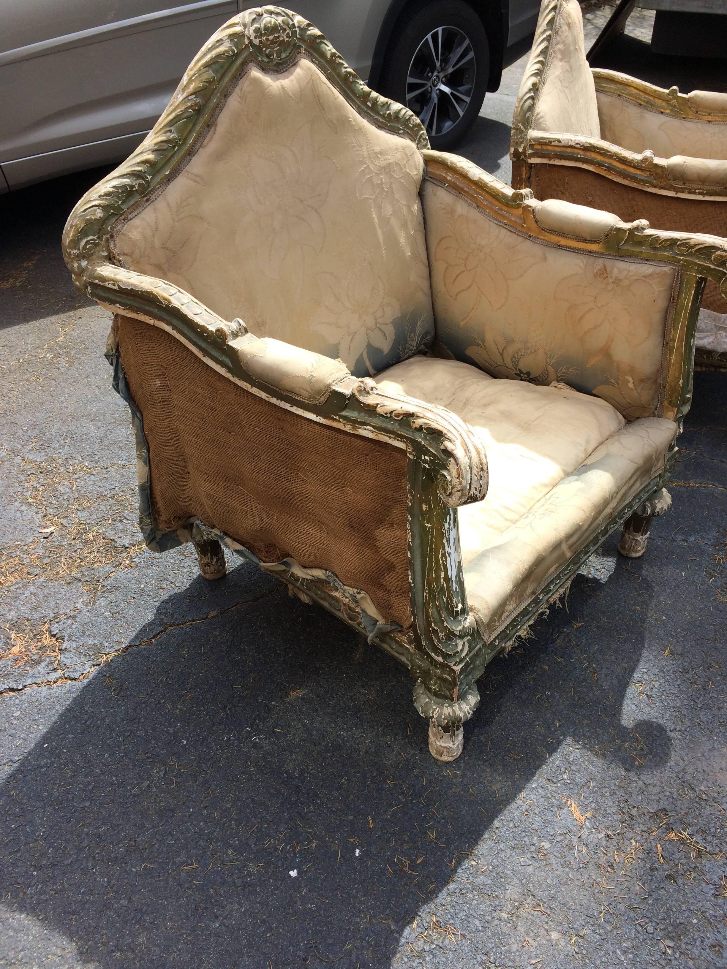 19th Century Romantic Pair of Antique Oversized French Club Chairs with Great Bones