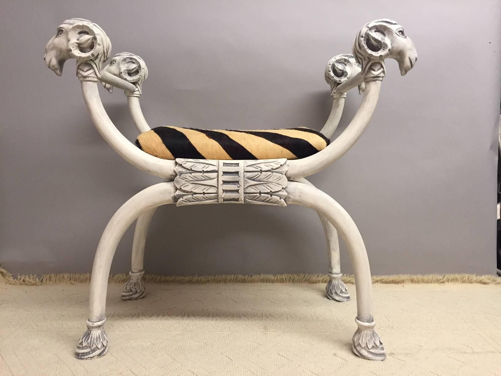Hollywood Regency Dramatic Pair of Ram's Head Benches with Printed Cowhide Zebra Motife Seats