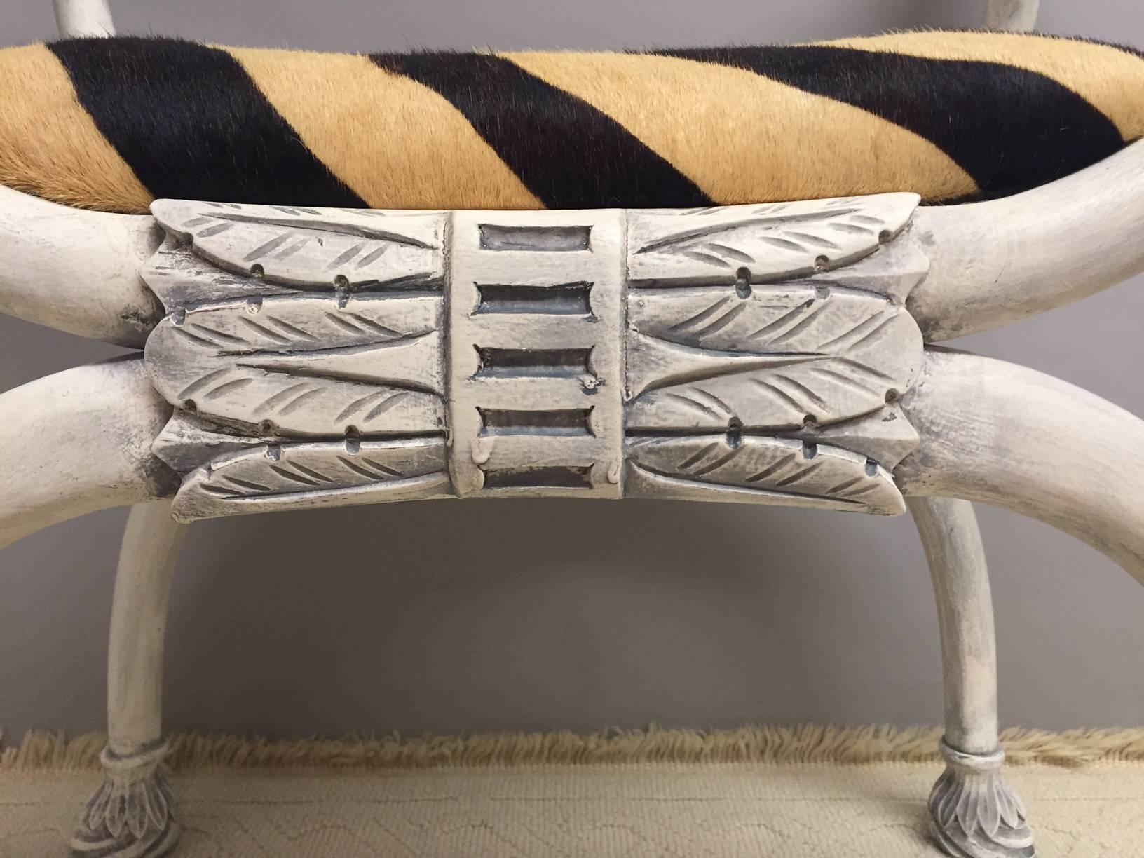 Dramatic Pair of Ram's Head Benches with Printed Cowhide Zebra Motife Seats 1
