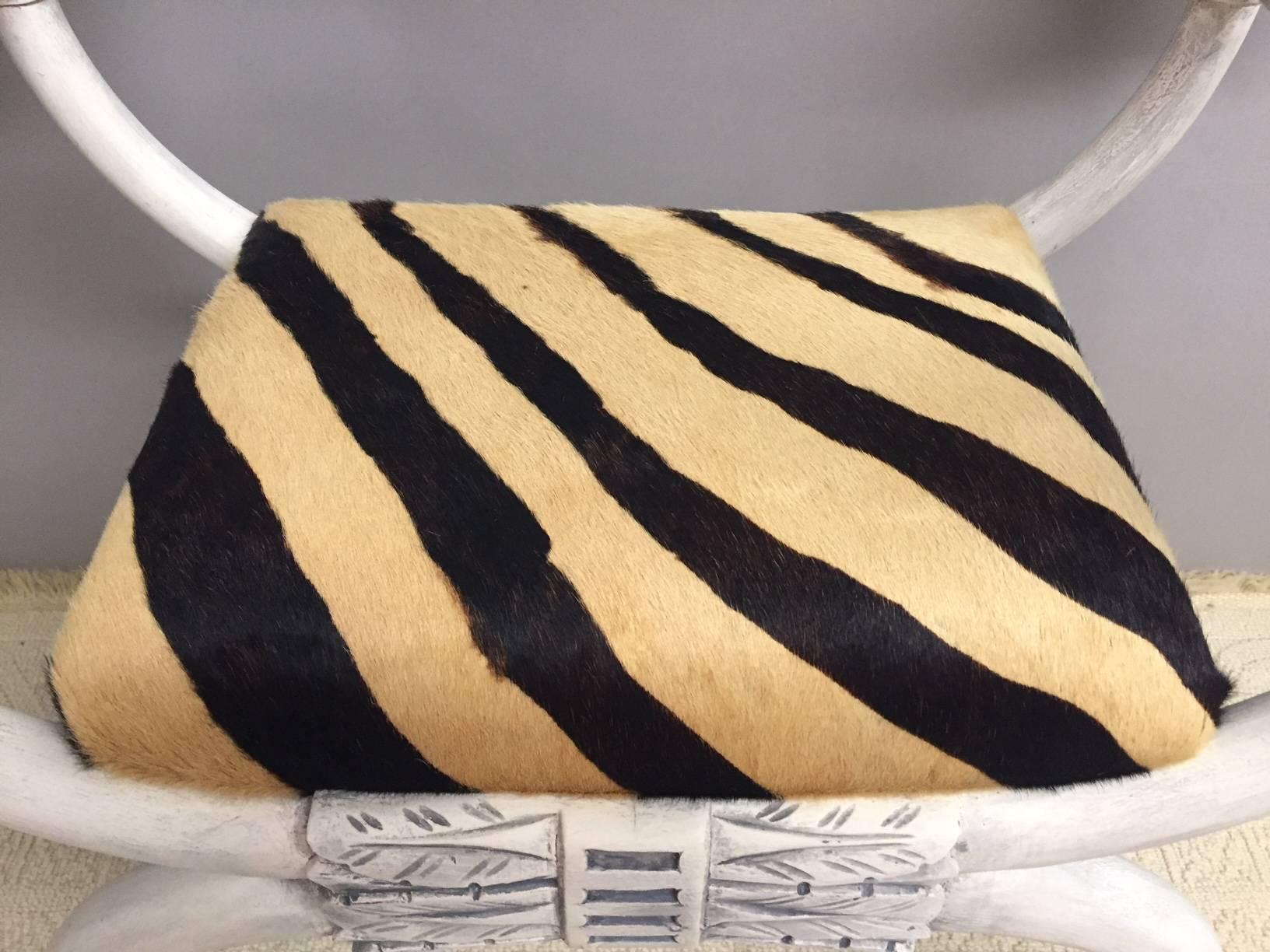Dramatic Pair of Ram's Head Benches with Printed Cowhide Zebra Motife Seats 2