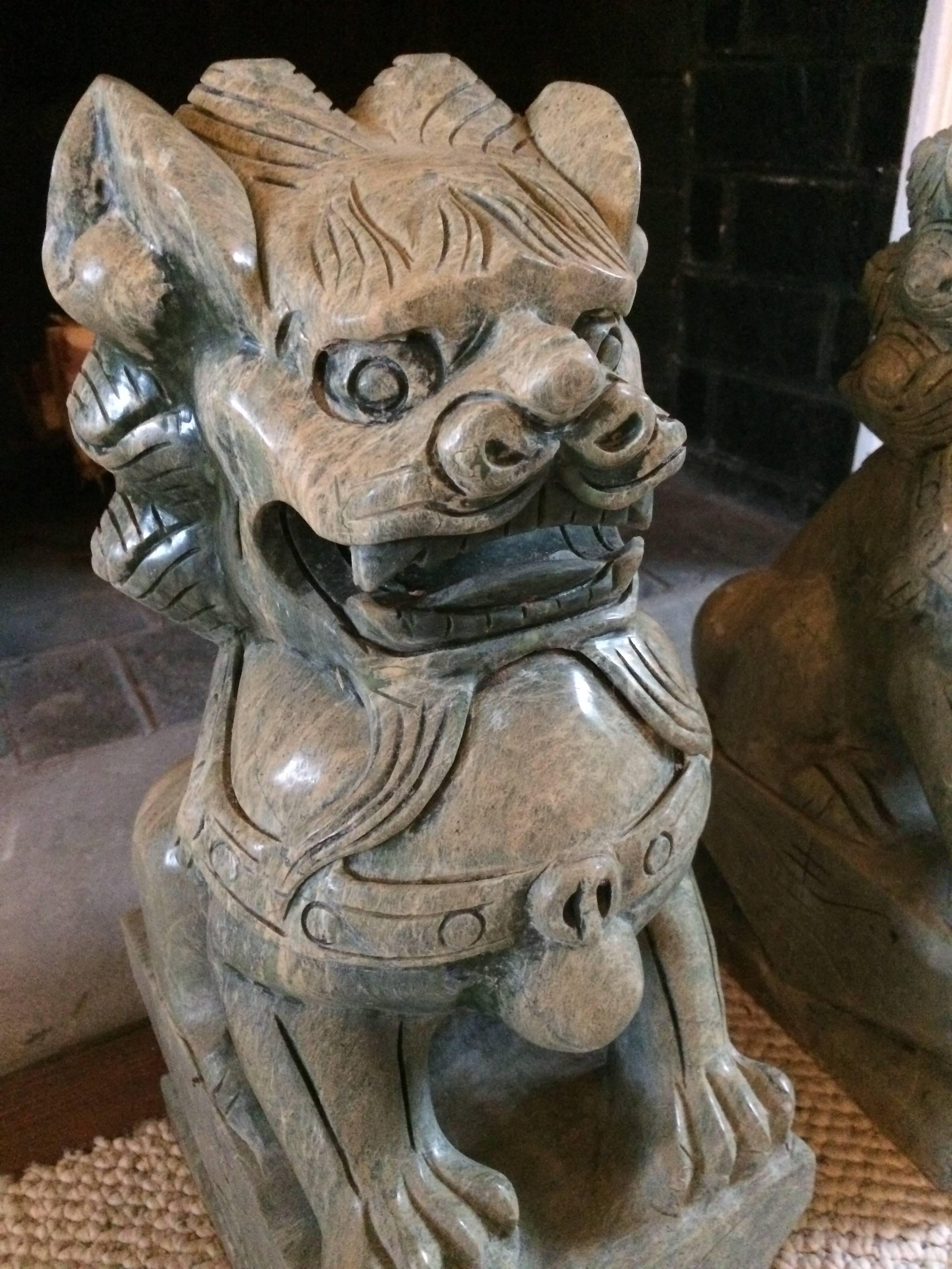 Chinese Magnificent Pair of Heavy Light Green Stone Foo Dog Sculptures