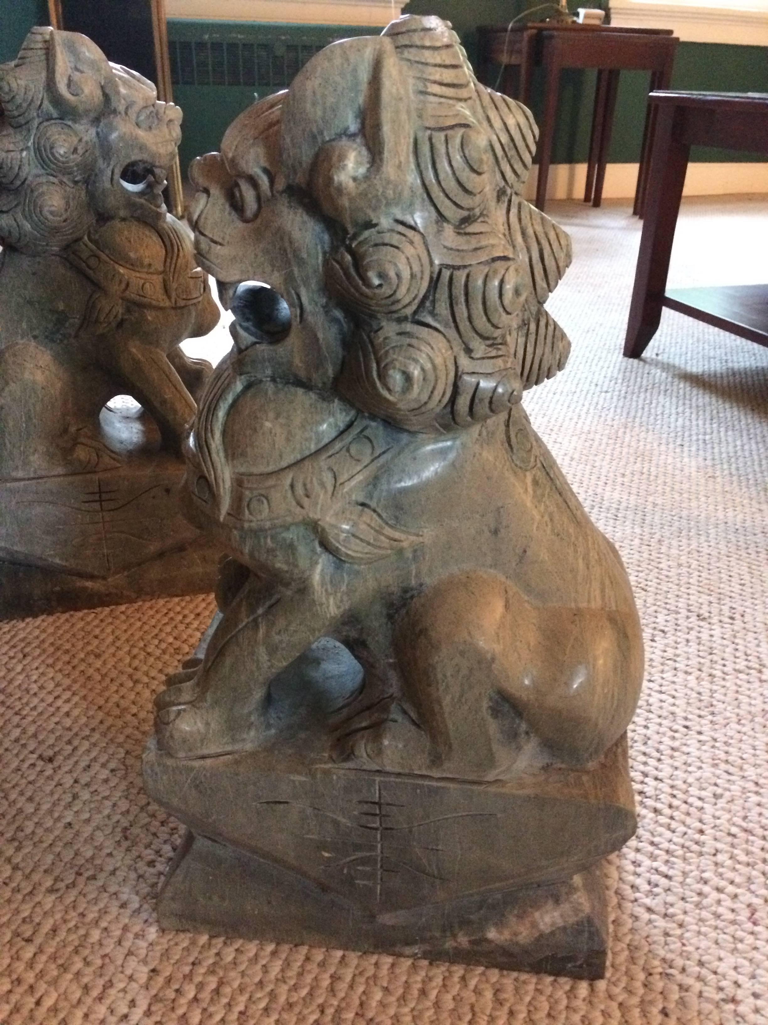 Magnificent Pair of Heavy Light Green Stone Foo Dog Sculptures In Excellent Condition In Hopewell, NJ