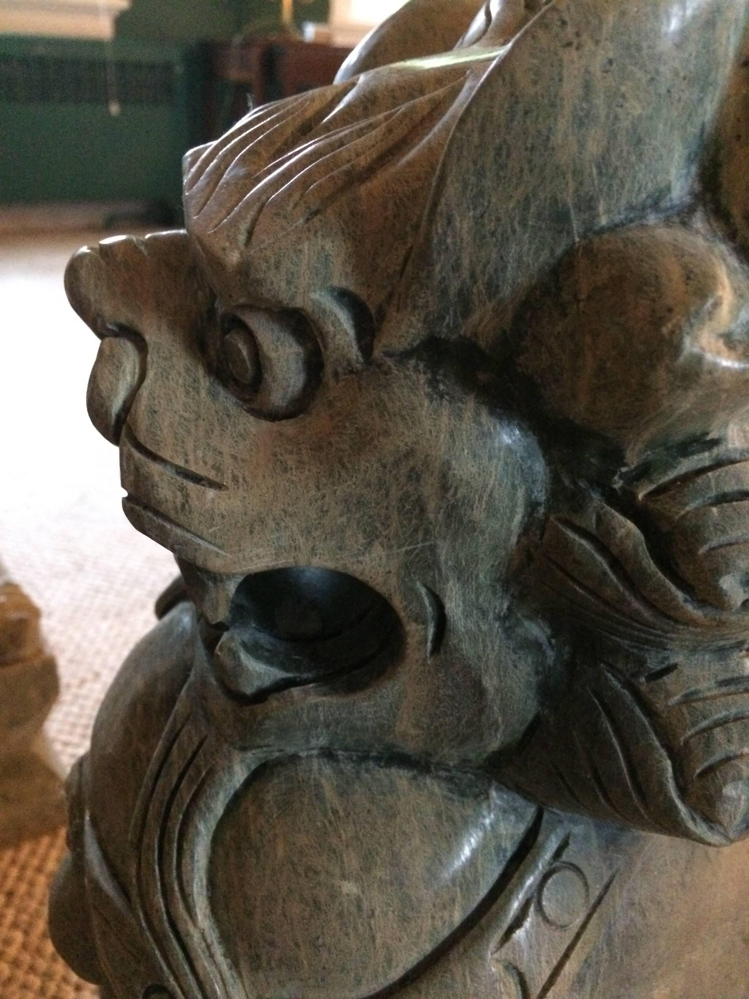 Magnificent Pair of Heavy Light Green Stone Foo Dog Sculptures 2