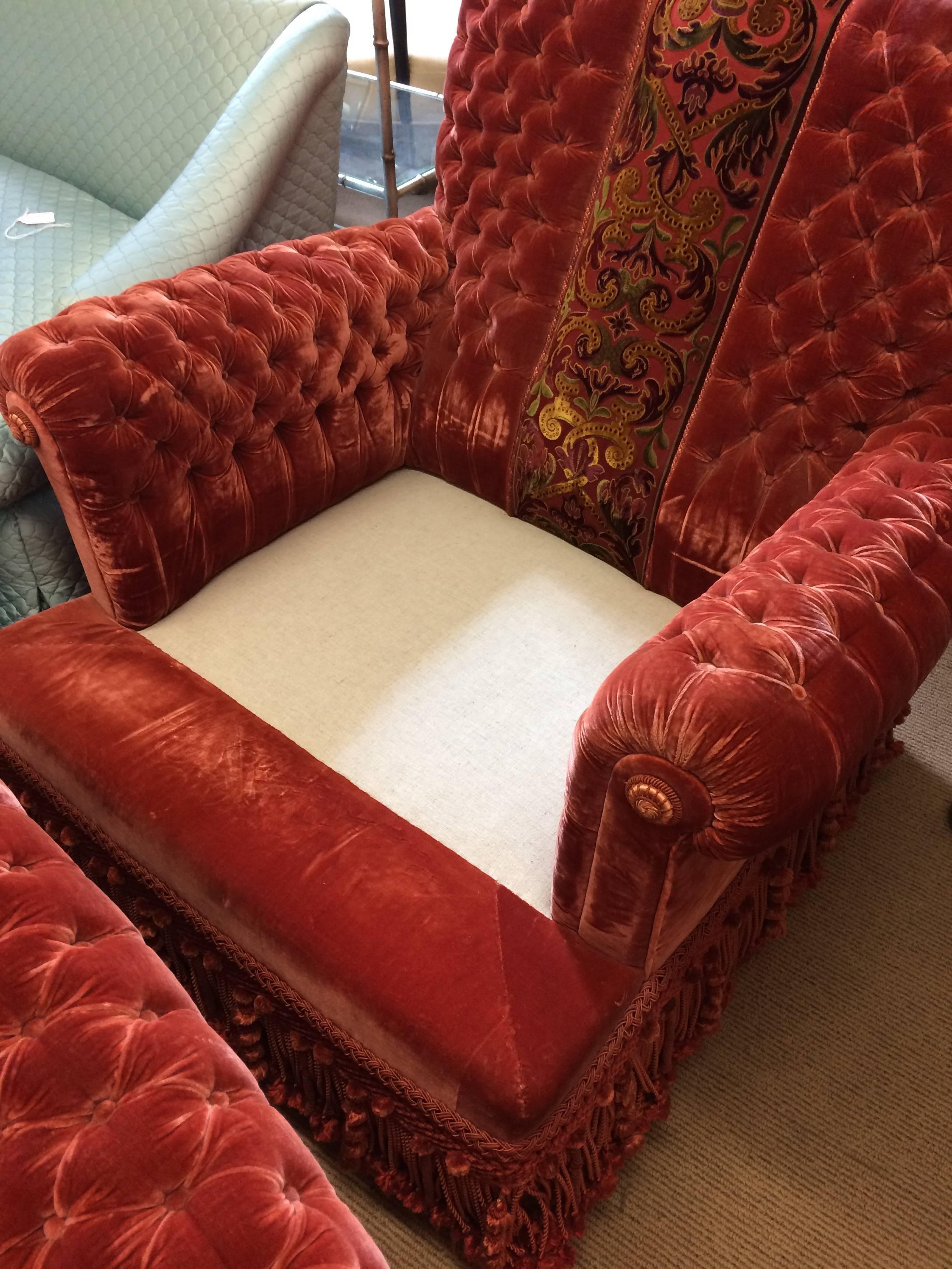 Parisian Chic Ornate Pair of Silk Velvet Tufted Club Chairs 5