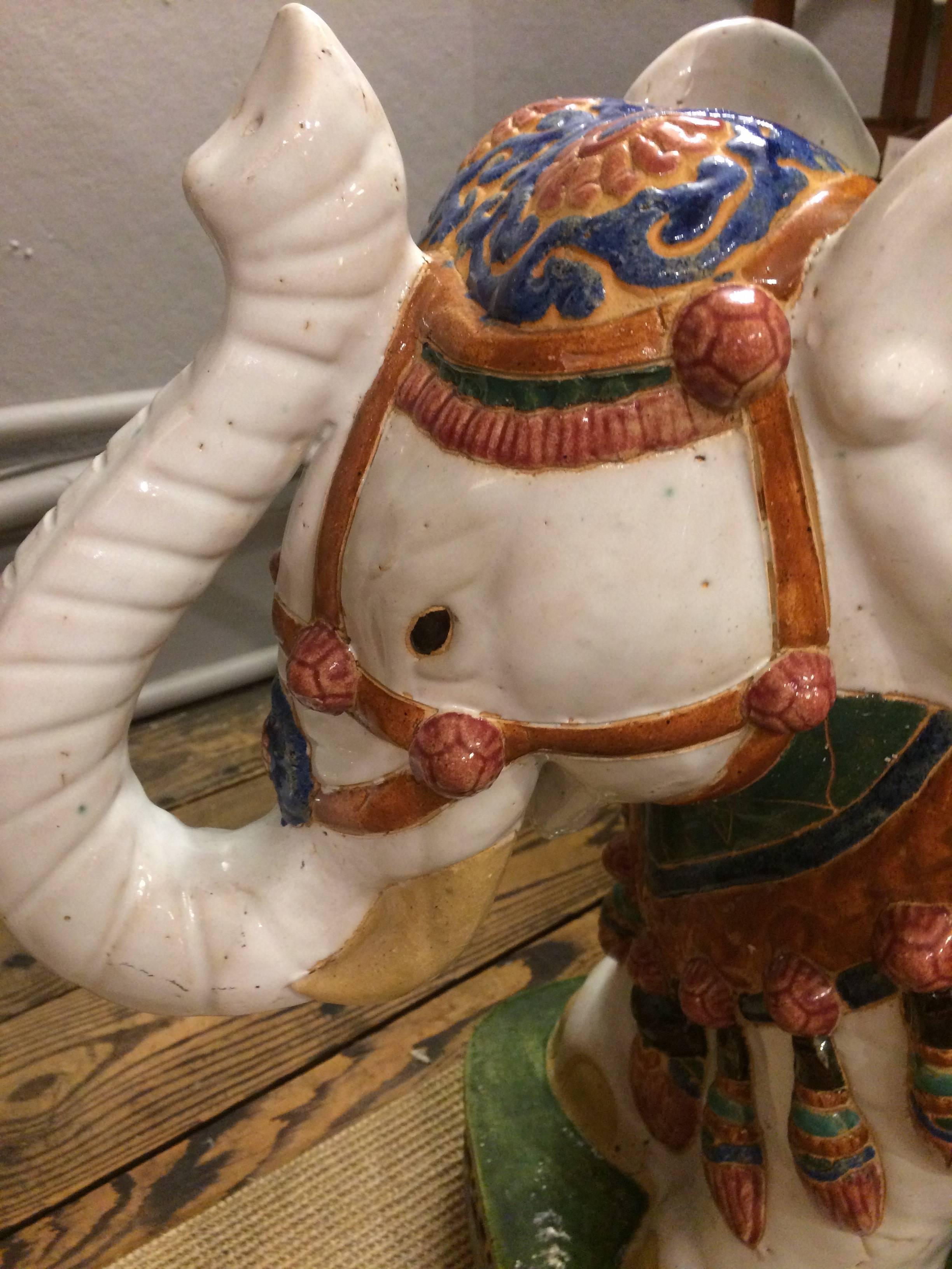 Charming Ceramic Hand-Painted Elephant Garden Seat Table In Excellent Condition In Hopewell, NJ
