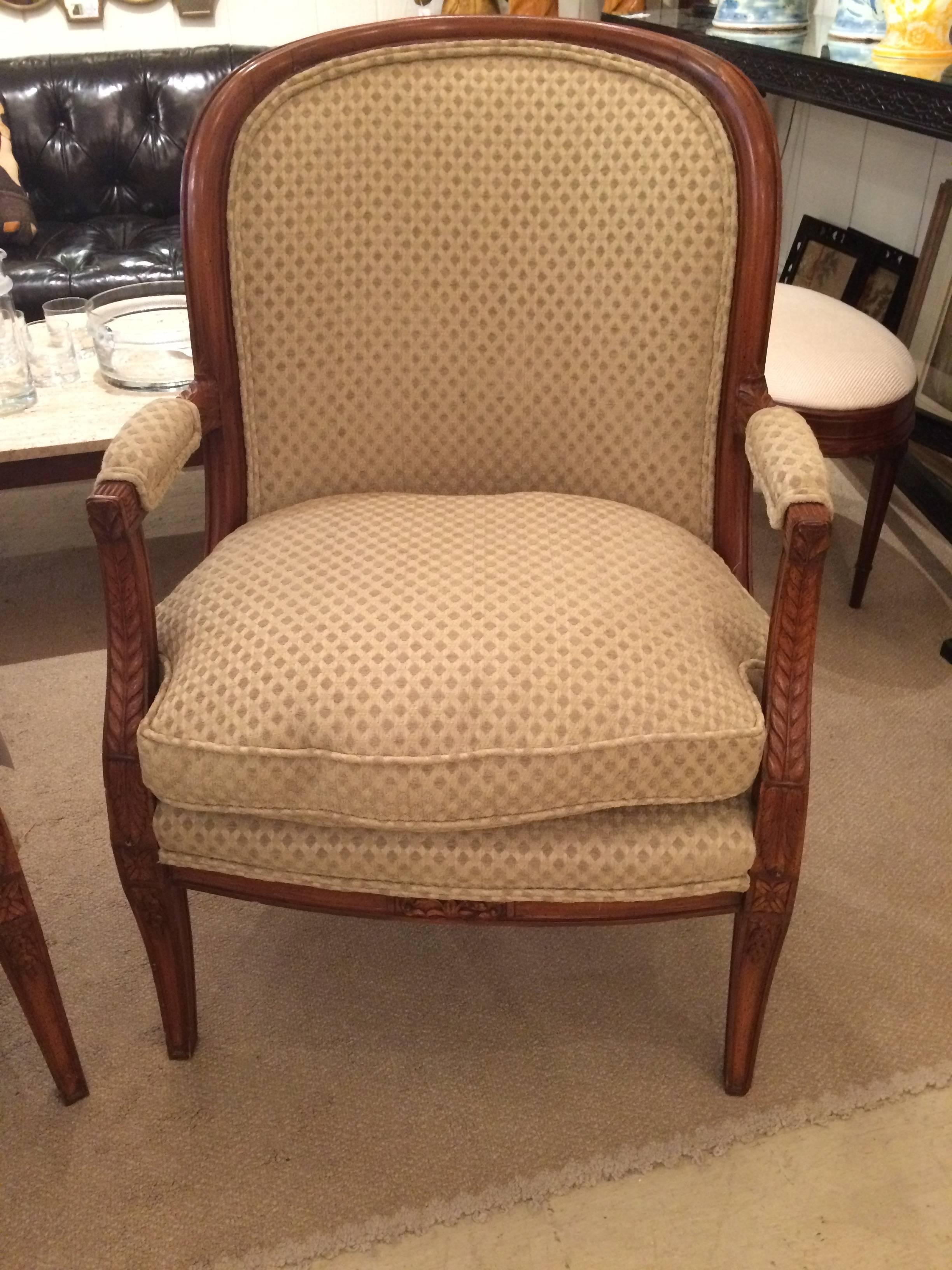 Mid-20th Century Classic Pair of French Walnut Tub Shaped Bergere Chairs