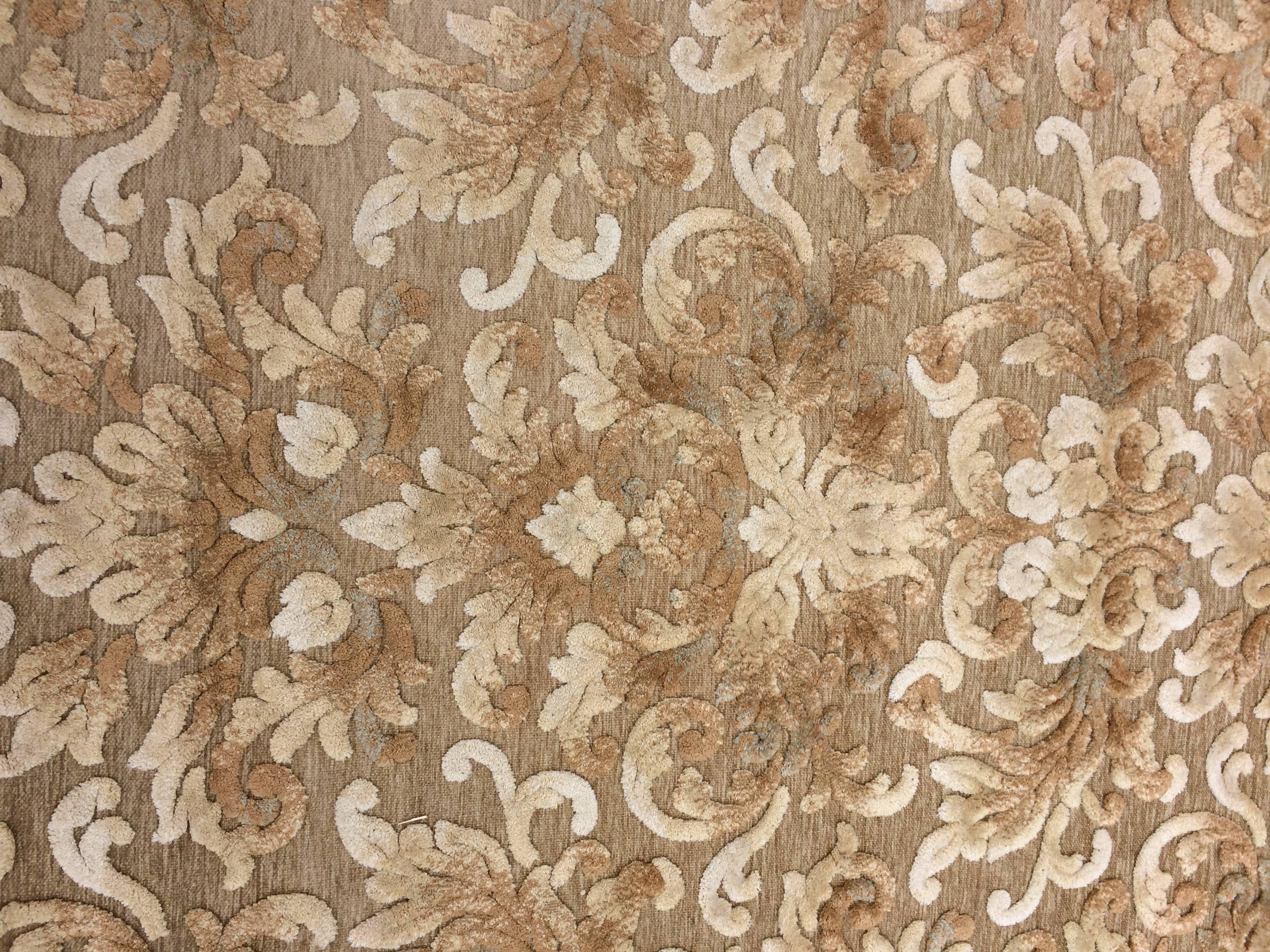Gorgeous neutral area rug having raised chenille pattern and border in a soft color palette of creams, camel and a little light sage. By Illusion collection.