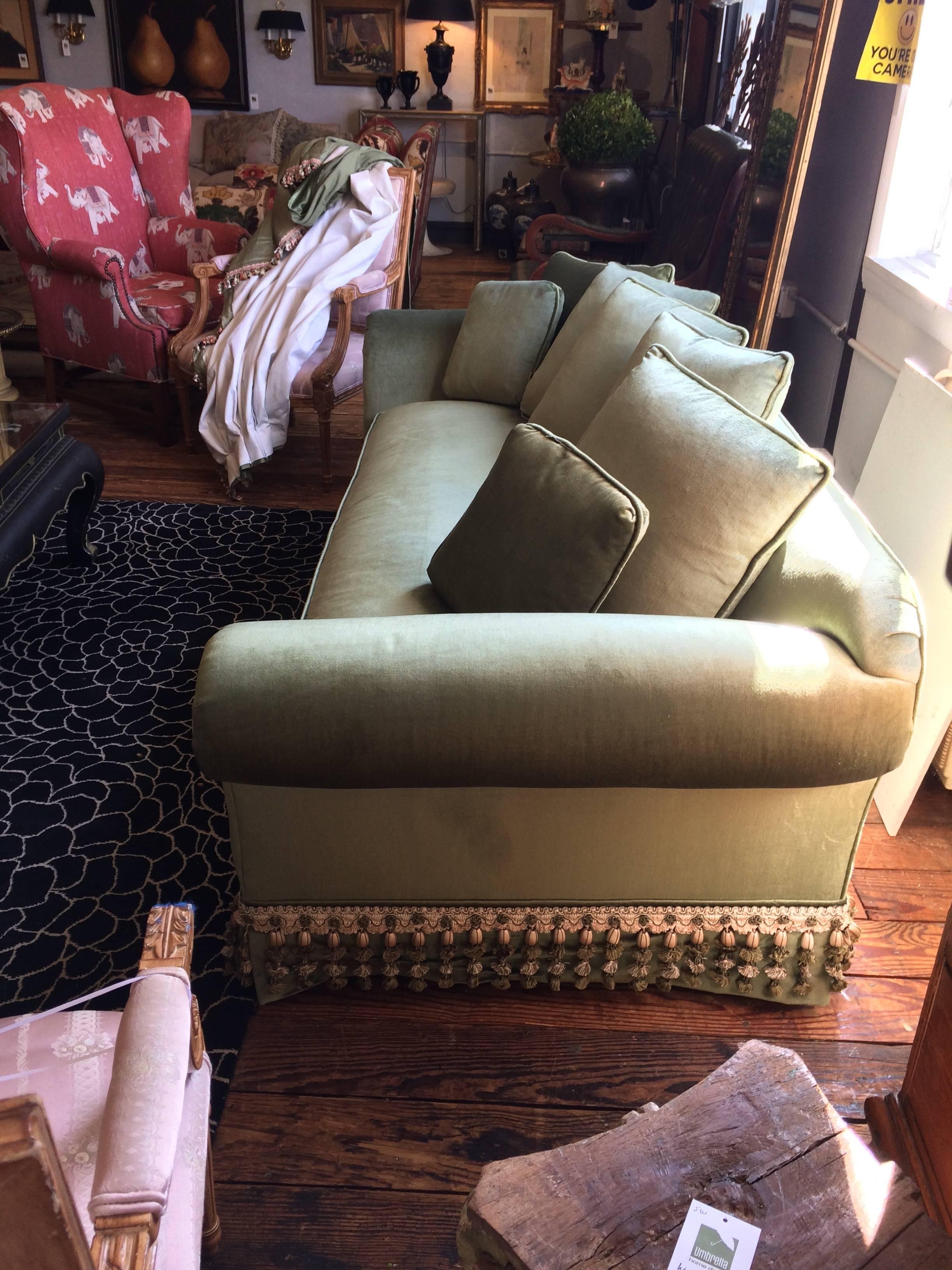 American Elegant Custom Sofa Upholstered in French Sage Green Velvet & Buillon Fringe For Sale