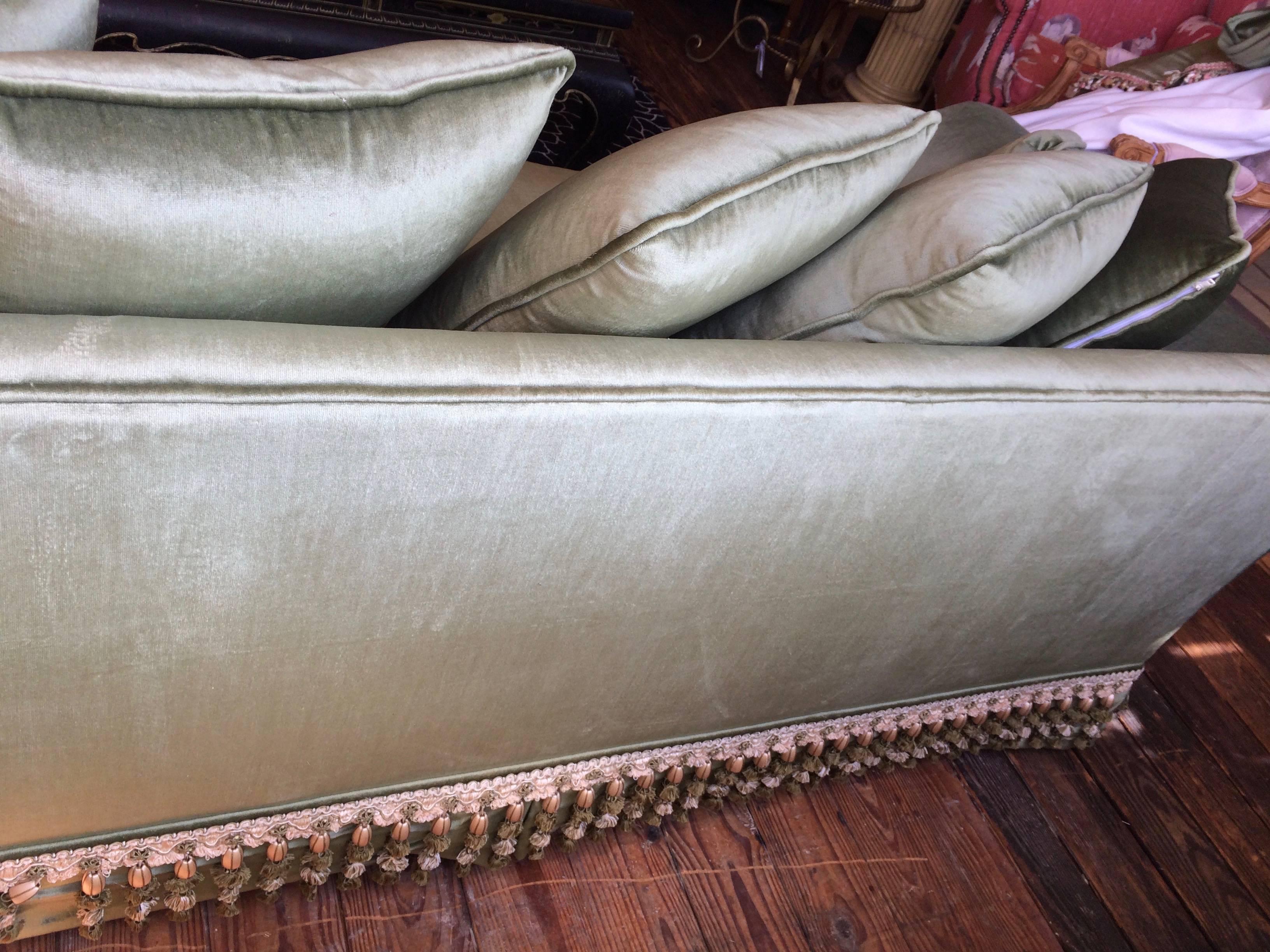 Elegant Custom Sofa Upholstered in French Sage Green Velvet & Buillon Fringe In Good Condition For Sale In Hopewell, NJ