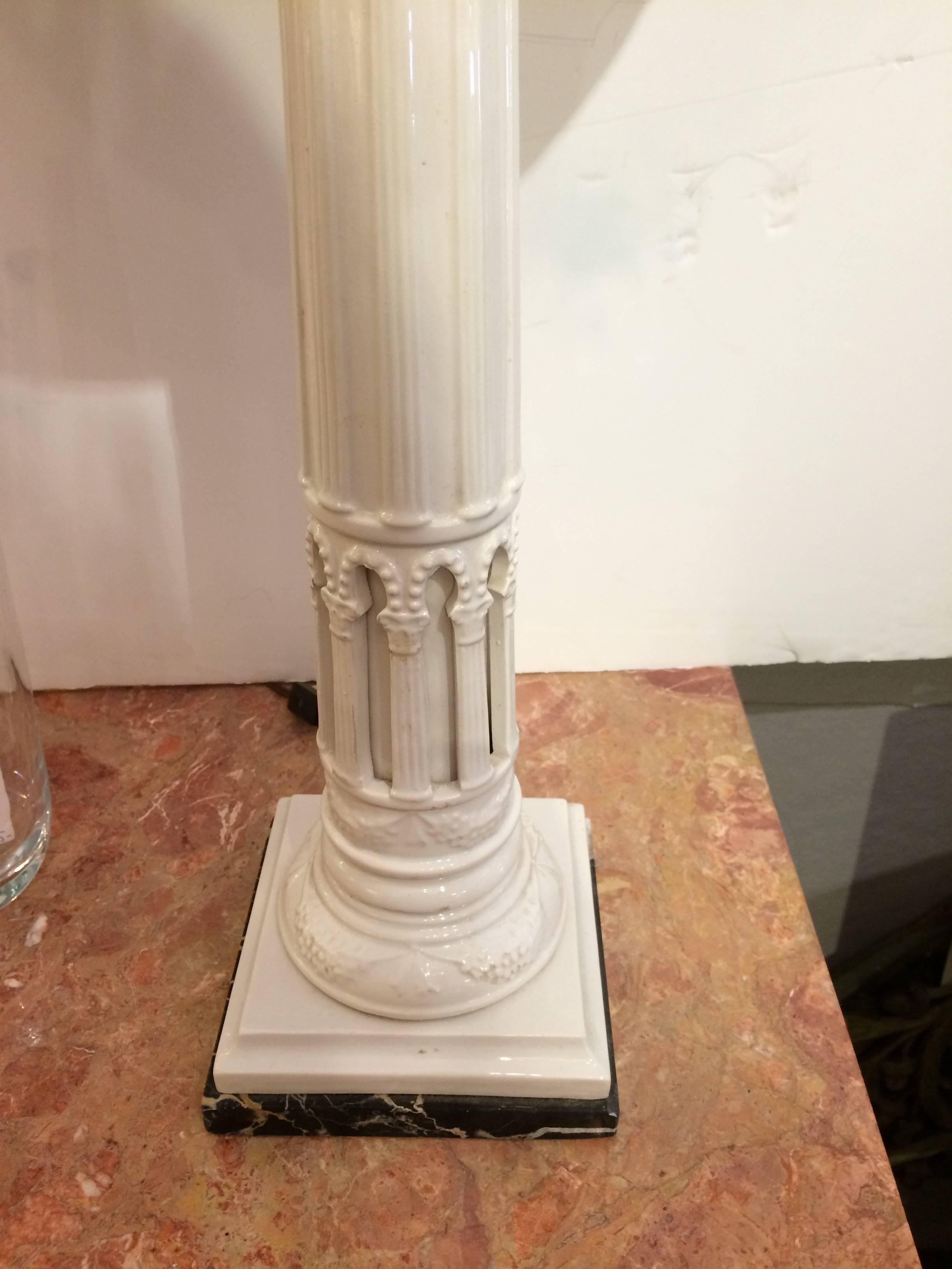 Late 20th Century Fabulous Pair of Neoclassical Ceramic Column Motif Table Lamps
