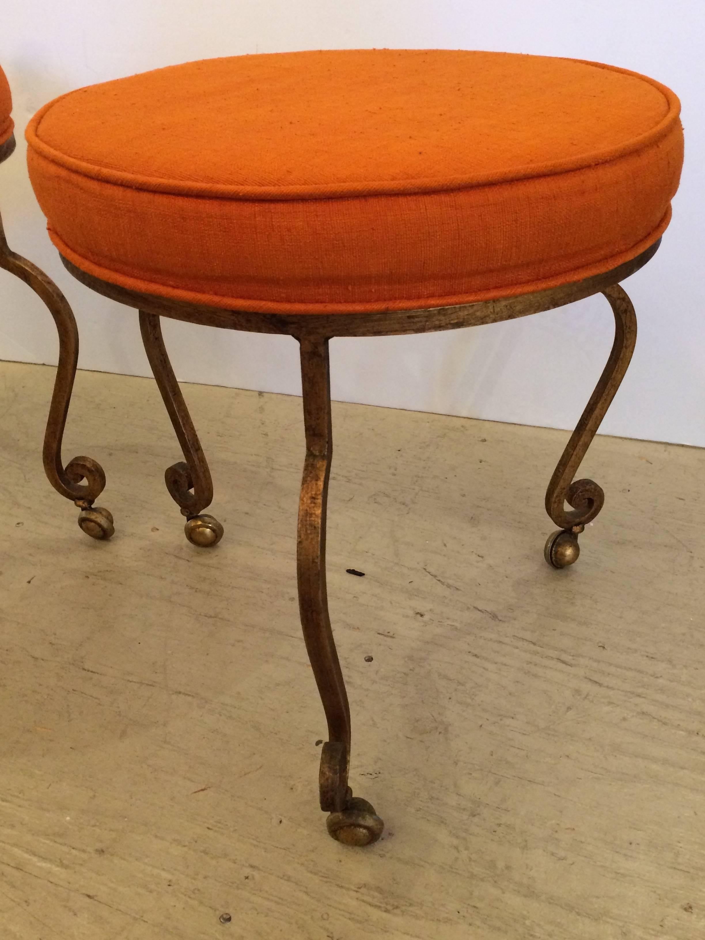 Hollywood Regency Sizzling Pair of Mid-Century Modern Gilt Iron and Tangerine Silk Stools Ottomans