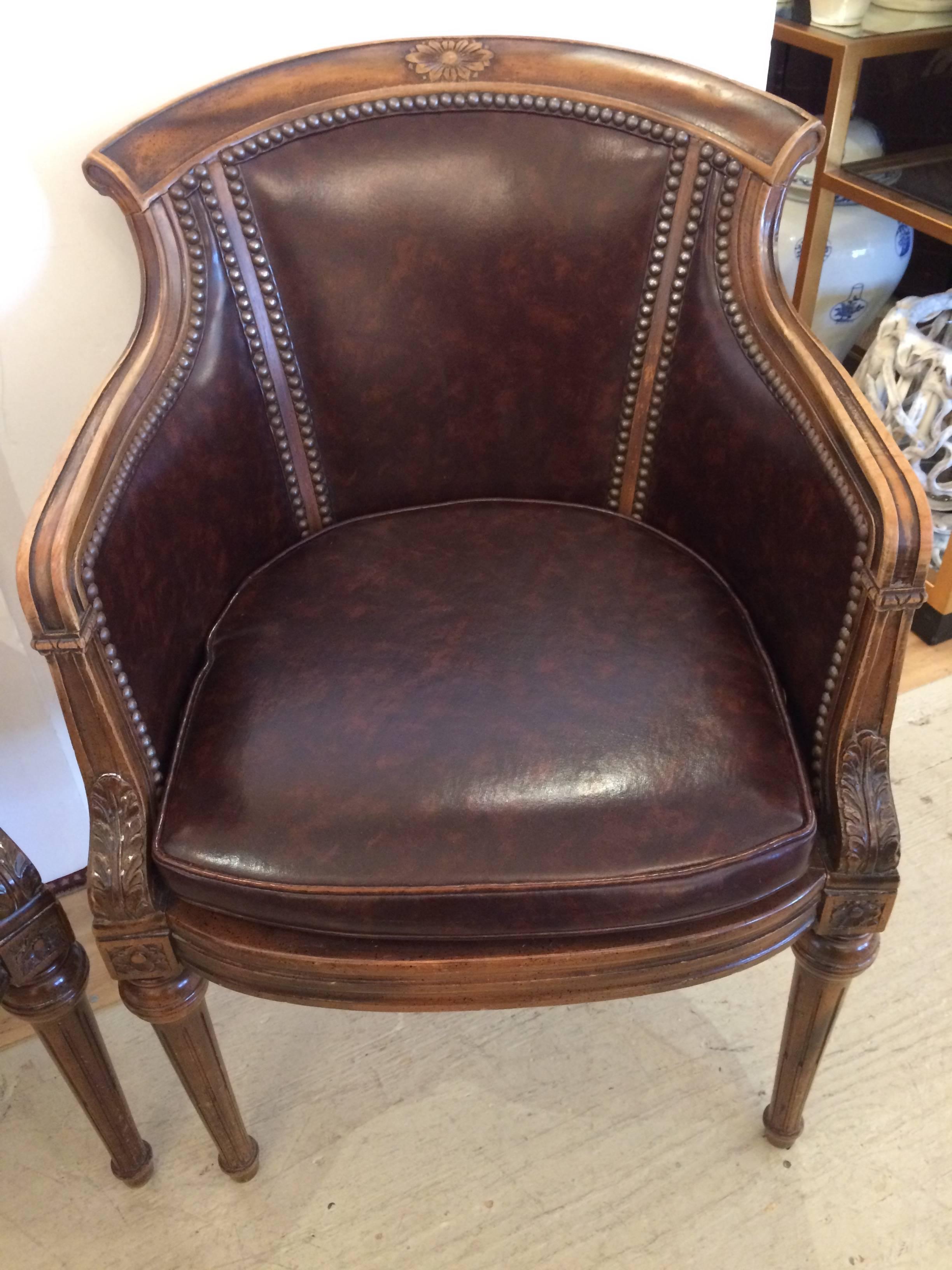 American Handsome Pair of Regency Style Walnut and Tortoise Leather Club Lounge Chairs