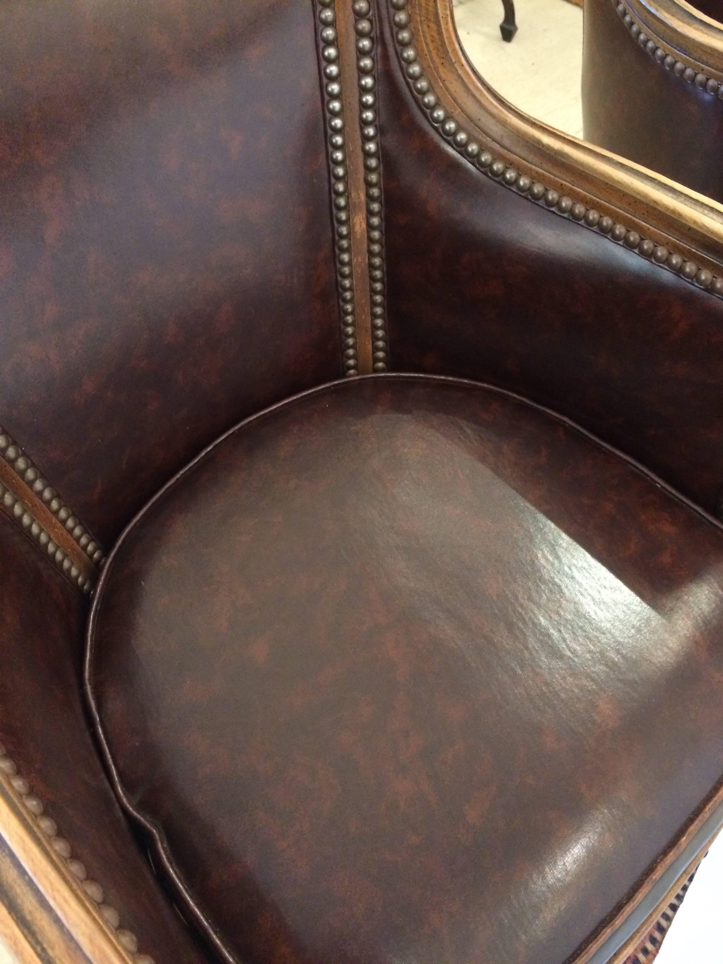 Handsome Pair of Regency Style Walnut and Tortoise Leather Club Lounge Chairs 1