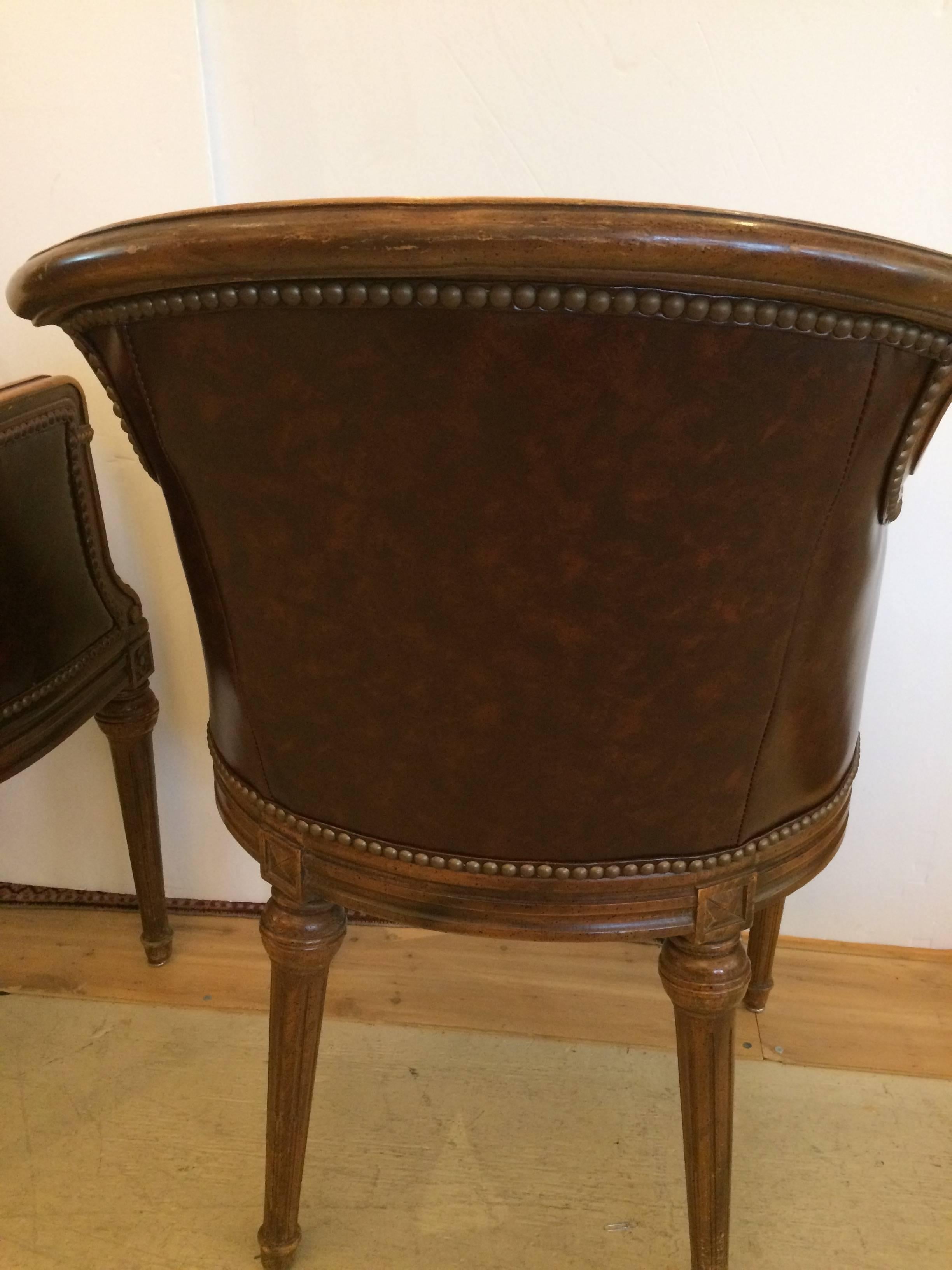Handsome Pair of Regency Style Walnut and Tortoise Leather Club Lounge Chairs 2