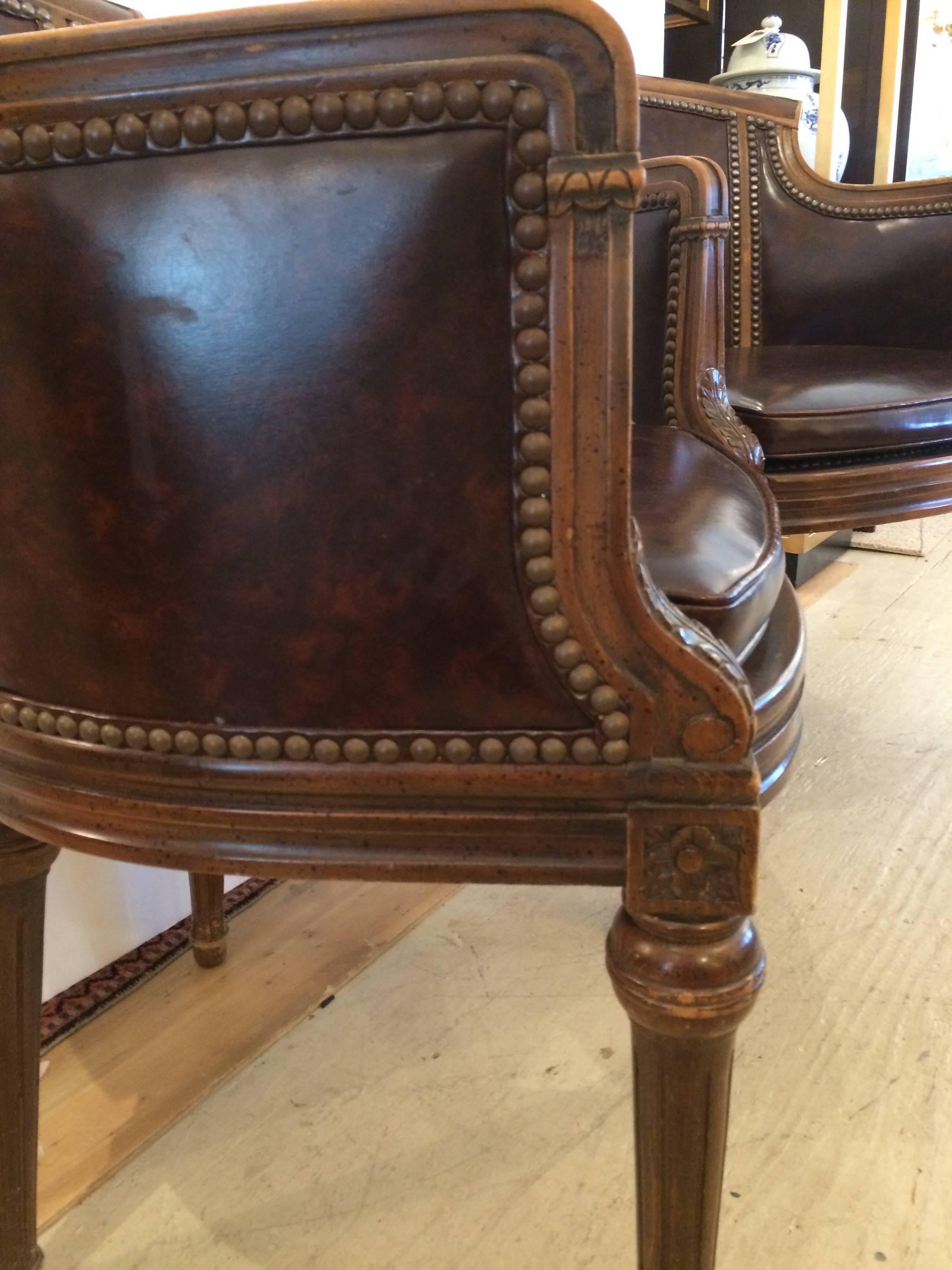 Handsome Pair of Regency Style Walnut and Tortoise Leather Club Lounge Chairs 3